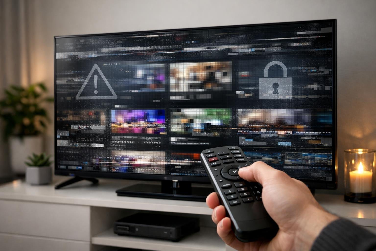 Ett vardagsrum med en stor TV som visar en störd streamingbild och en hand som håller en fjärrkontroll.