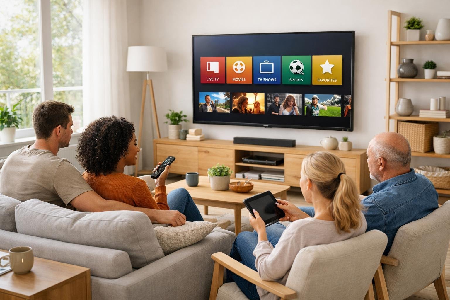Ett modernt vardagsrum med en stor TV och människor som tittar på en IPTV-tjänst.