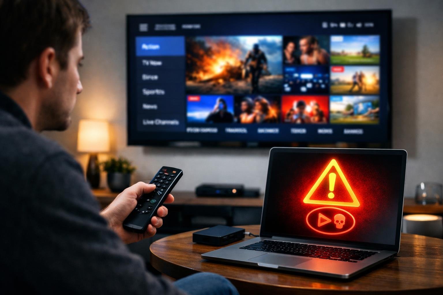 En person i ett modernt vardagsrum som tittar på en tv med streaminginnehåll, med en laptop bredvid som visar en varningssymbol.