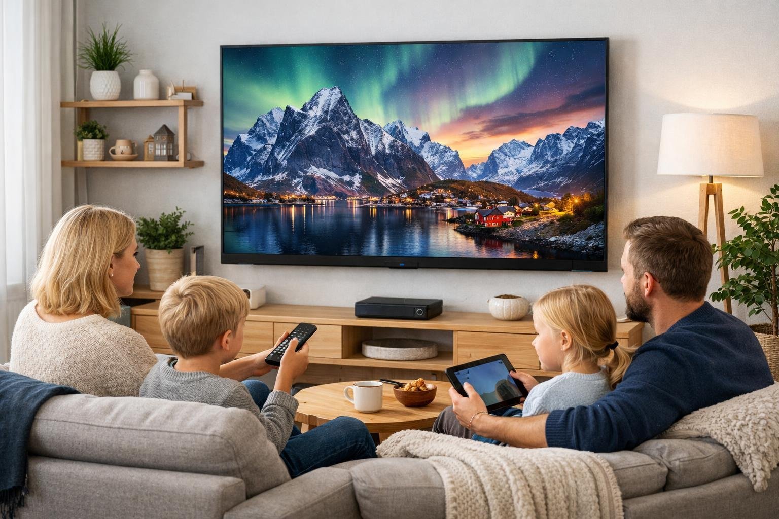 En familj sitter i ett modernt vardagsrum och tittar på en stor TV som visar en nordisk landskapsbild.