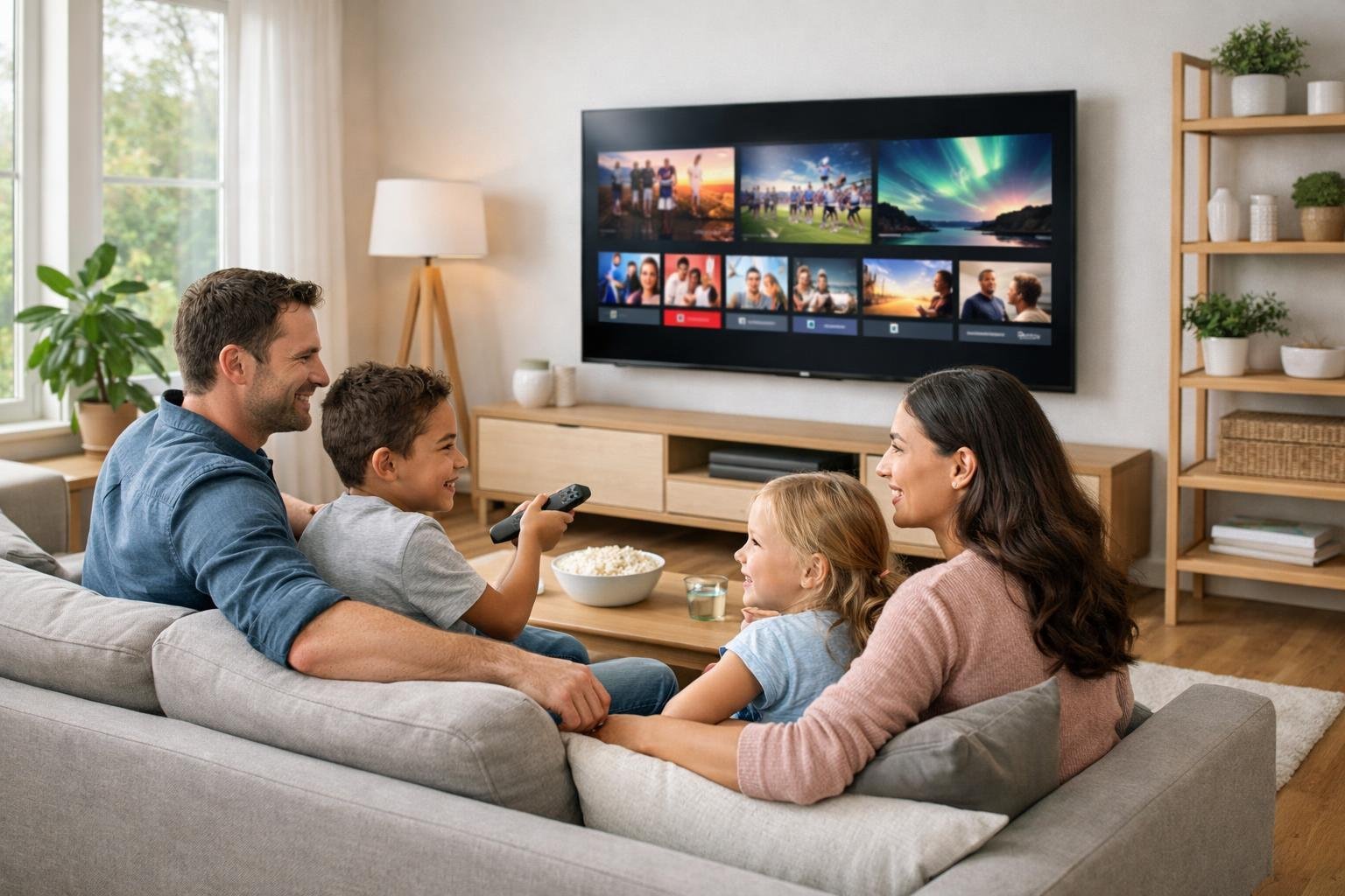 En familj sitter i ett vardagsrum och tittar på en stor TV med färgstarkt innehåll.