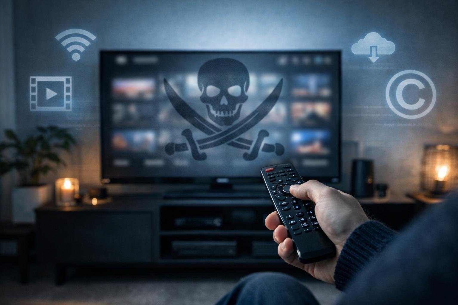 En person i ett vardagsrum som håller en fjärrkontroll framför en stor TV med suddig bild, med digitala symboler i bakgrunden som visar på streaming och upphovsrätt.