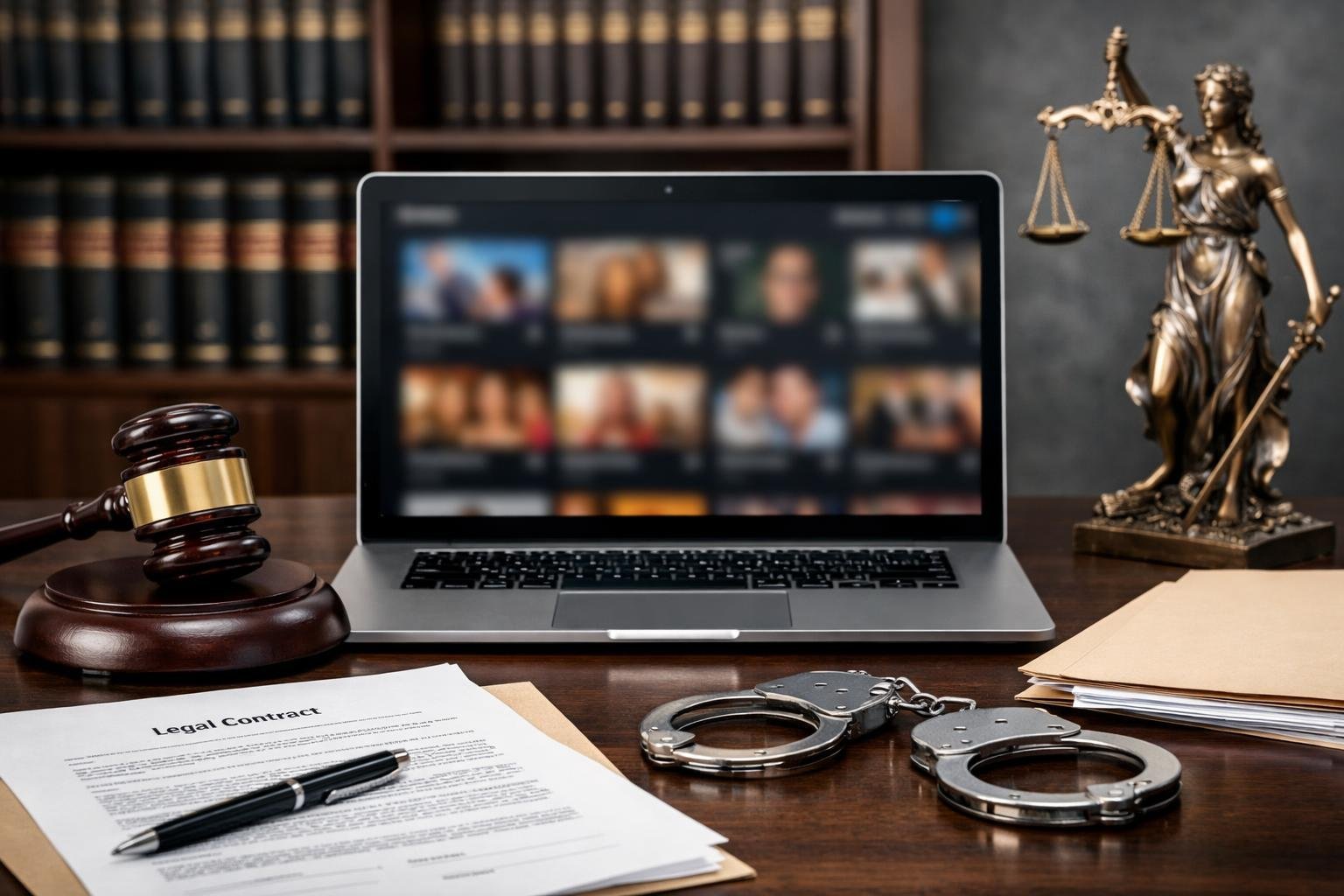 Ett kontorsbord med en laptop, juridiska dokument, en klubba och handbojor, med en bokhylla och en rättsskala i bakgrunden.