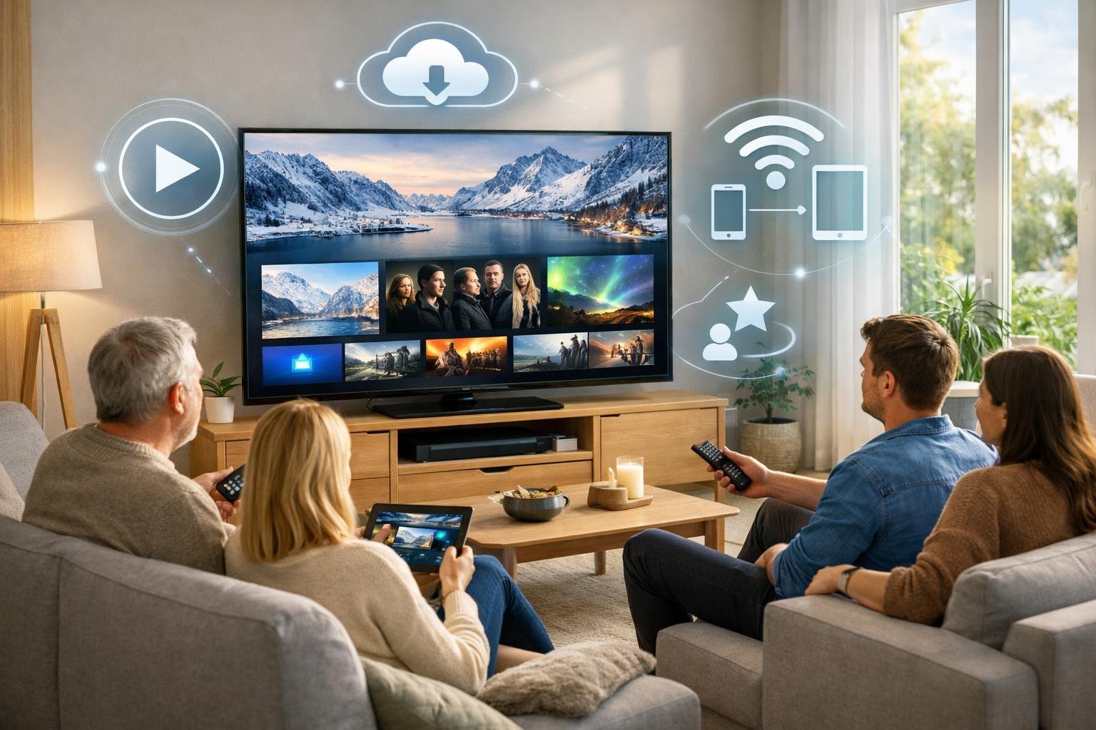 En modern vardagsrumsscen där människor tittar på en stor smart-TV med nordiskt innehåll och använder fjärrkontroller och smarta enheter.