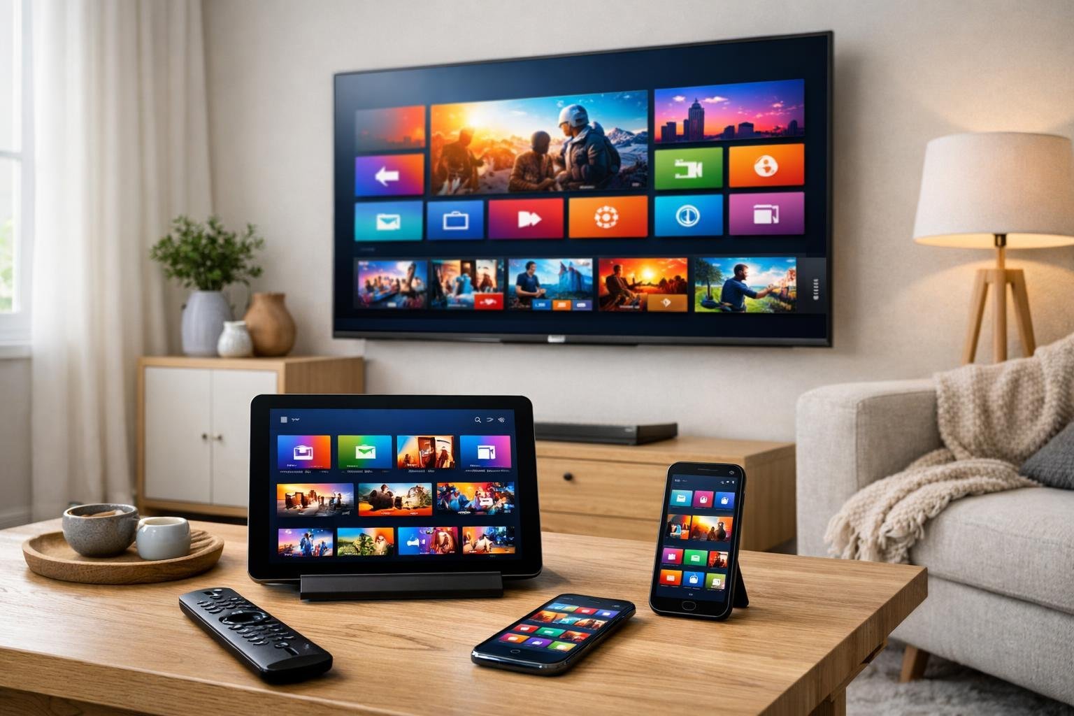 Ett modernt vardagsrum med en platt-TV och flera enheter som visar IPTV-appar.