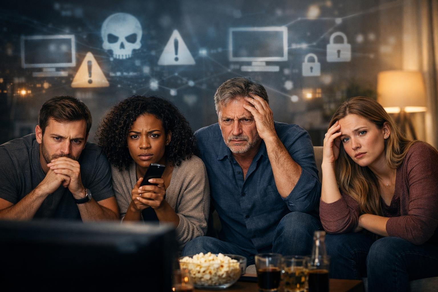 En grupp vuxna tittar oroligt på en tv i ett vardagsrum, med abstrakta digitala symboler i bakgrunden som visar risker med olaglig IPTV.