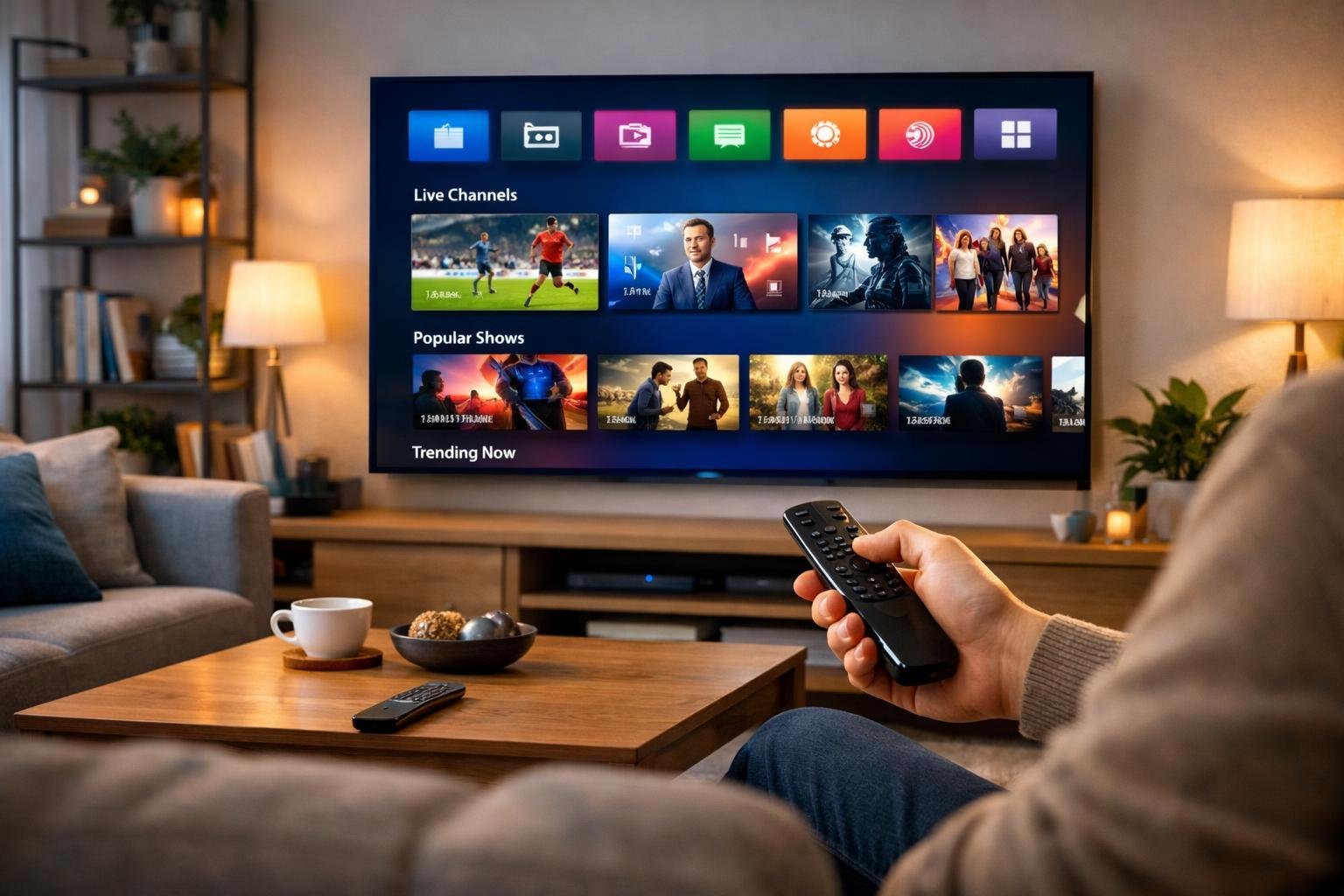 Ett modernt vardagsrum med en stor smart-TV som visar en färgstark streamingmeny och en person som håller en fjärrkontroll i handen.