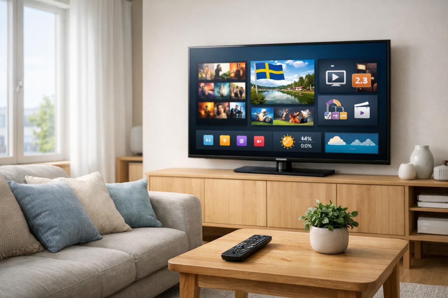Ett modernt vardagsrum med en platt-TV som visar en färgstark IPTV-meny, en soffa, ett soffbord med en fjärrkontroll och en krukväxt, samt stora fönster som släpper in dagsljus.