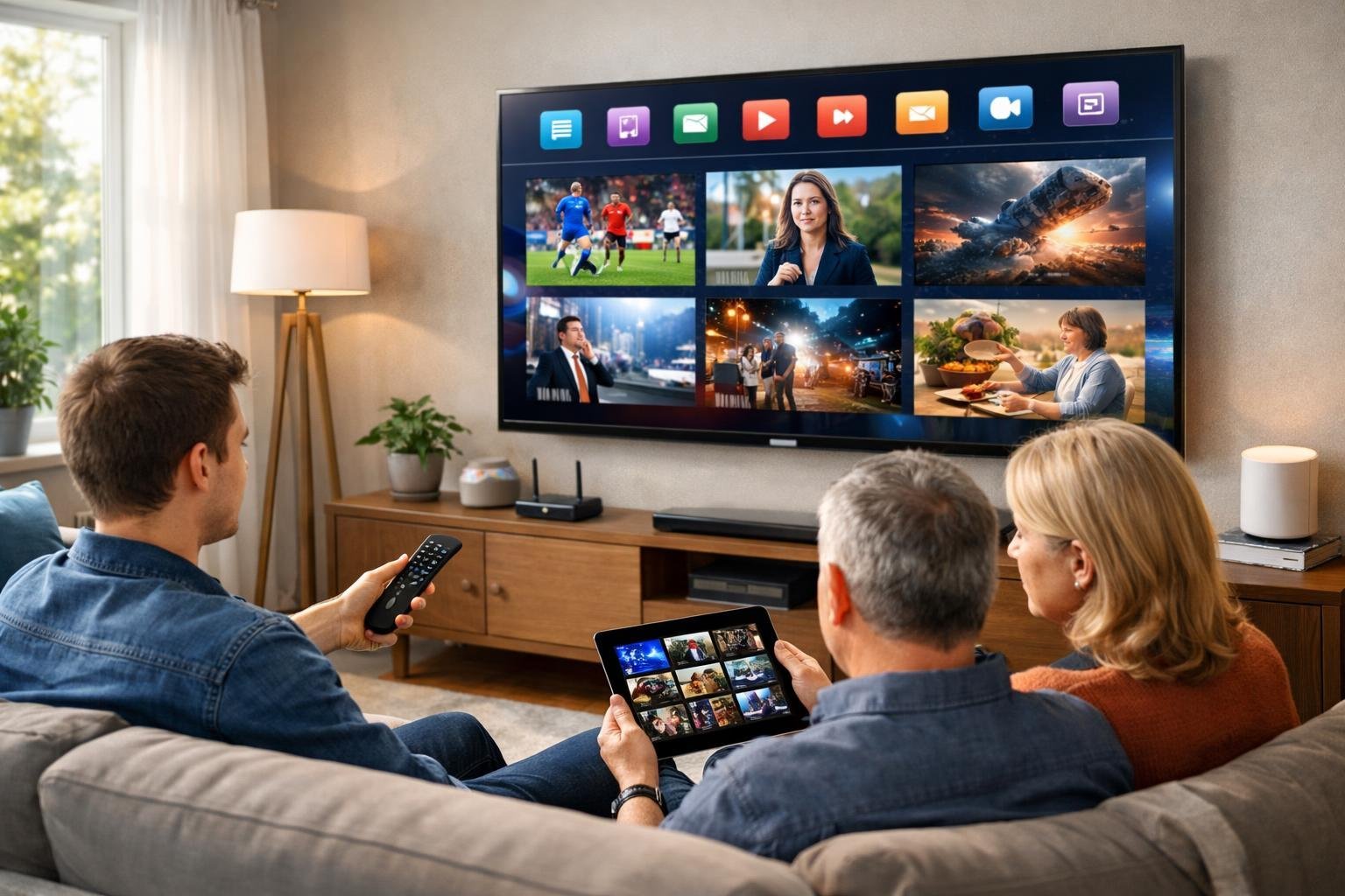 En modern vardagsrumsscen med en stor smart-tv och två personer som tittar på olika streamingtjänster.