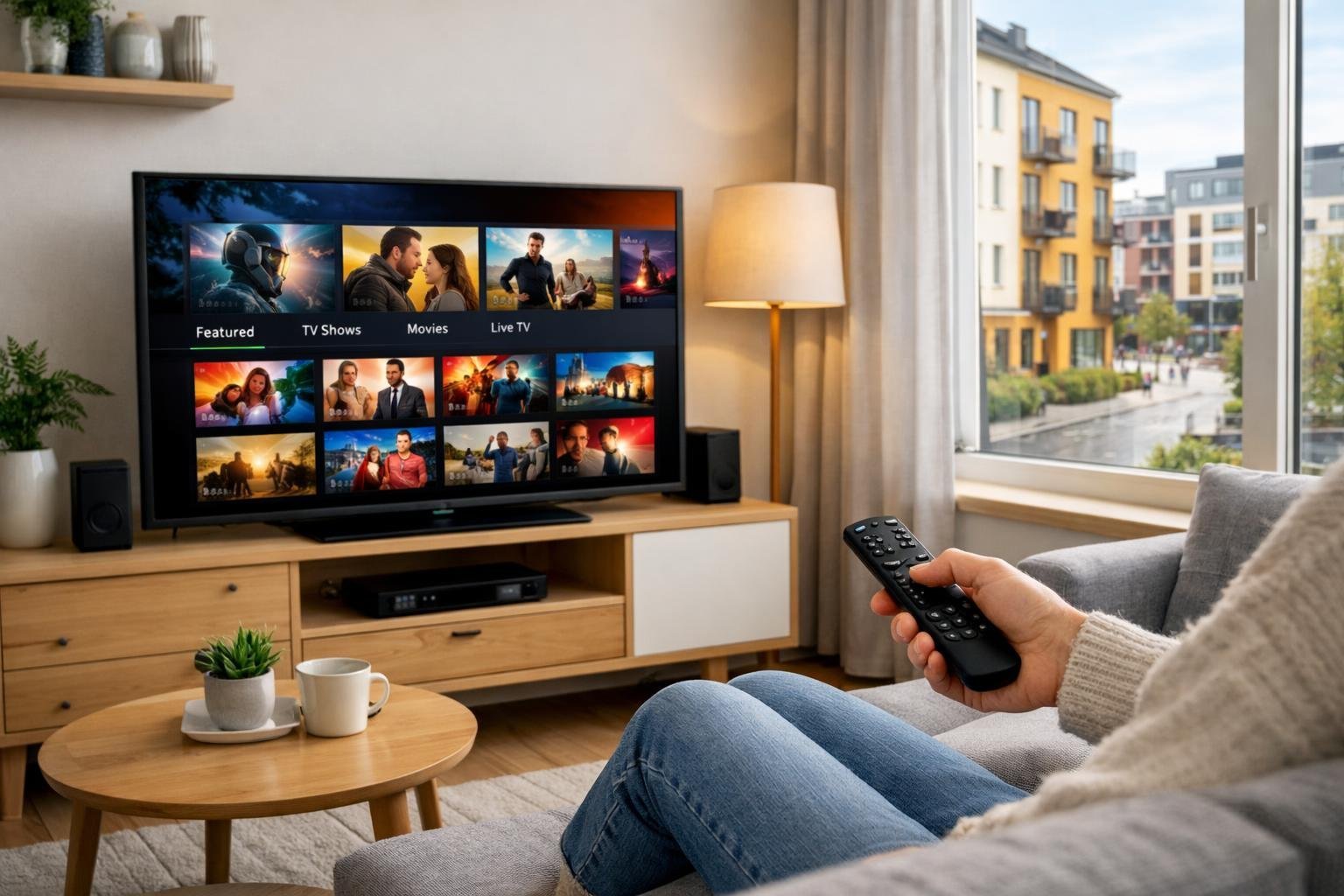 En person som sitter i ett modernt vardagsrum och tittar på en stor smart-tv med streaminginnehåll, med ett fönster som visar en svensk stad i bakgrunden.