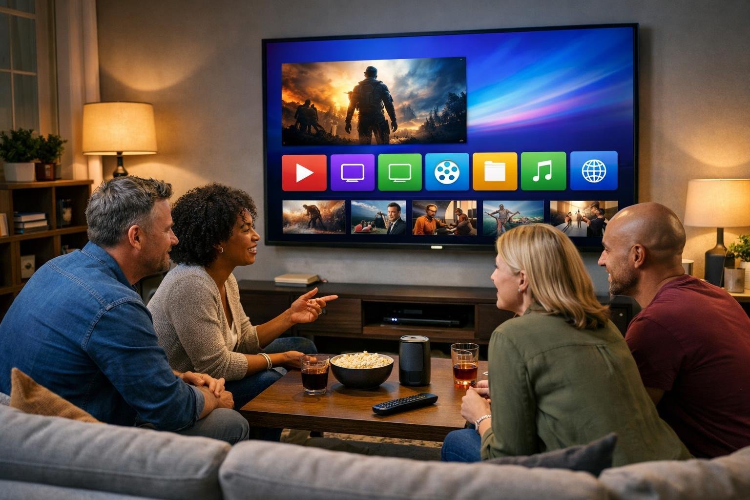 En grupp vuxna sitter i ett vardagsrum och tittar på en stor TV med IPTV-gränssnitt på skärmen.