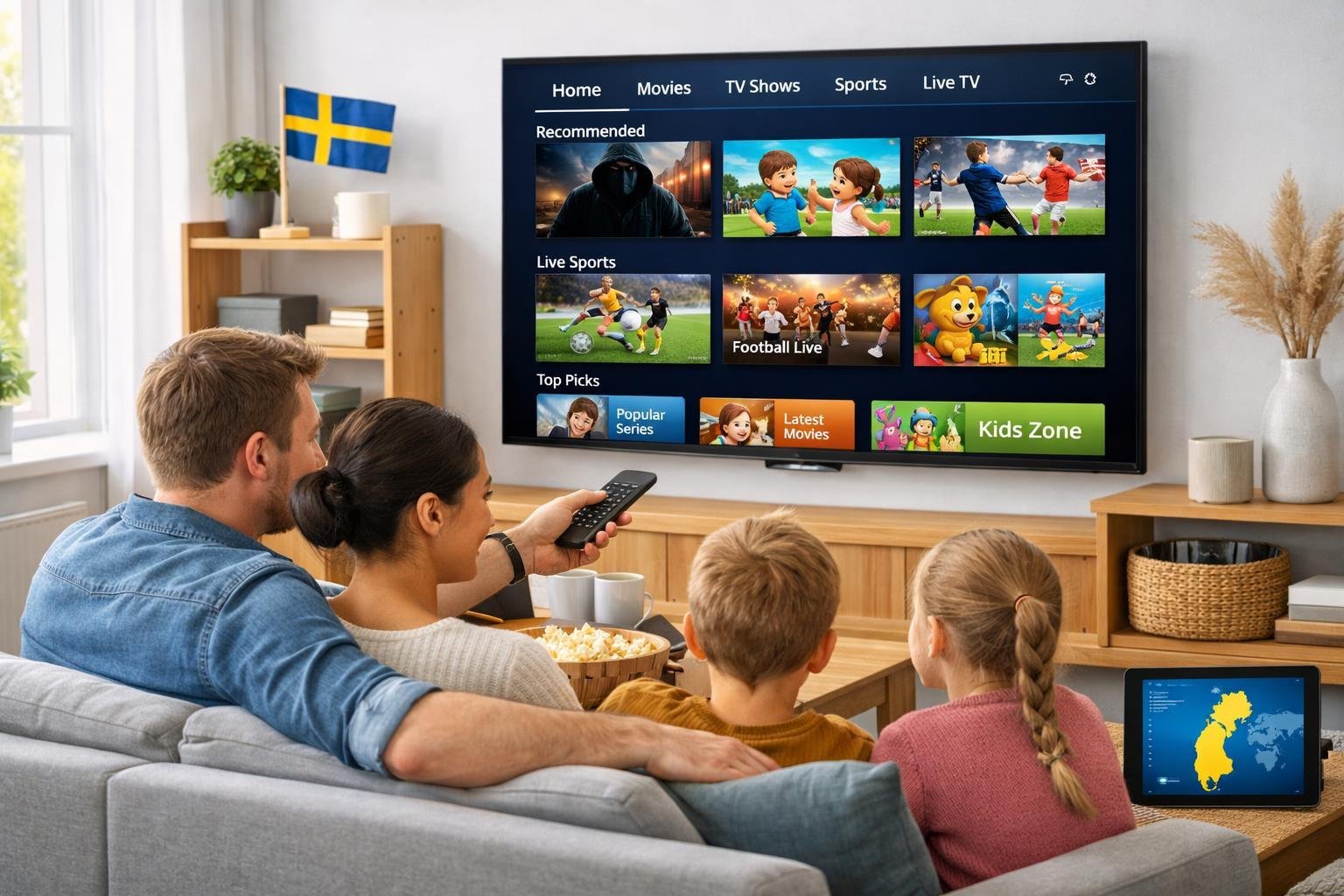En svensk familj sitter i ett vardagsrum och tittar på en stor TV med IPTV-tjänster, omgivna av skandinaviskt inredda möbler och naturligt ljus.