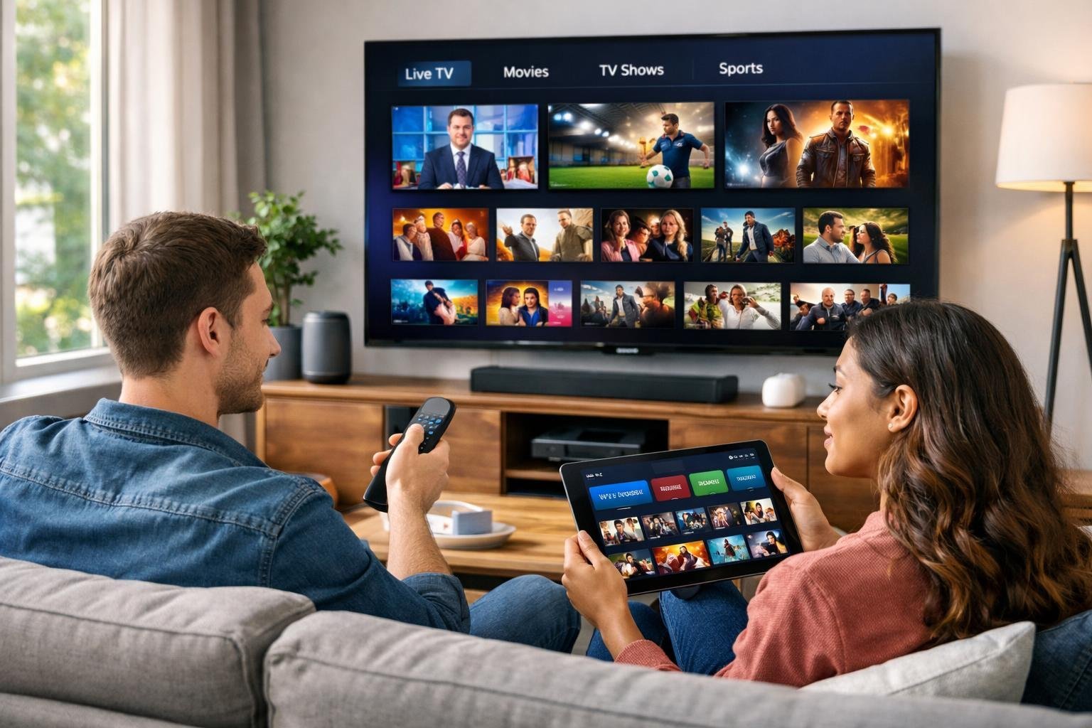 Ett vardagsrum med en stor smart-tv och två personer som använder en fjärrkontroll och surfplatta för att välja IPTV-tjänster.
