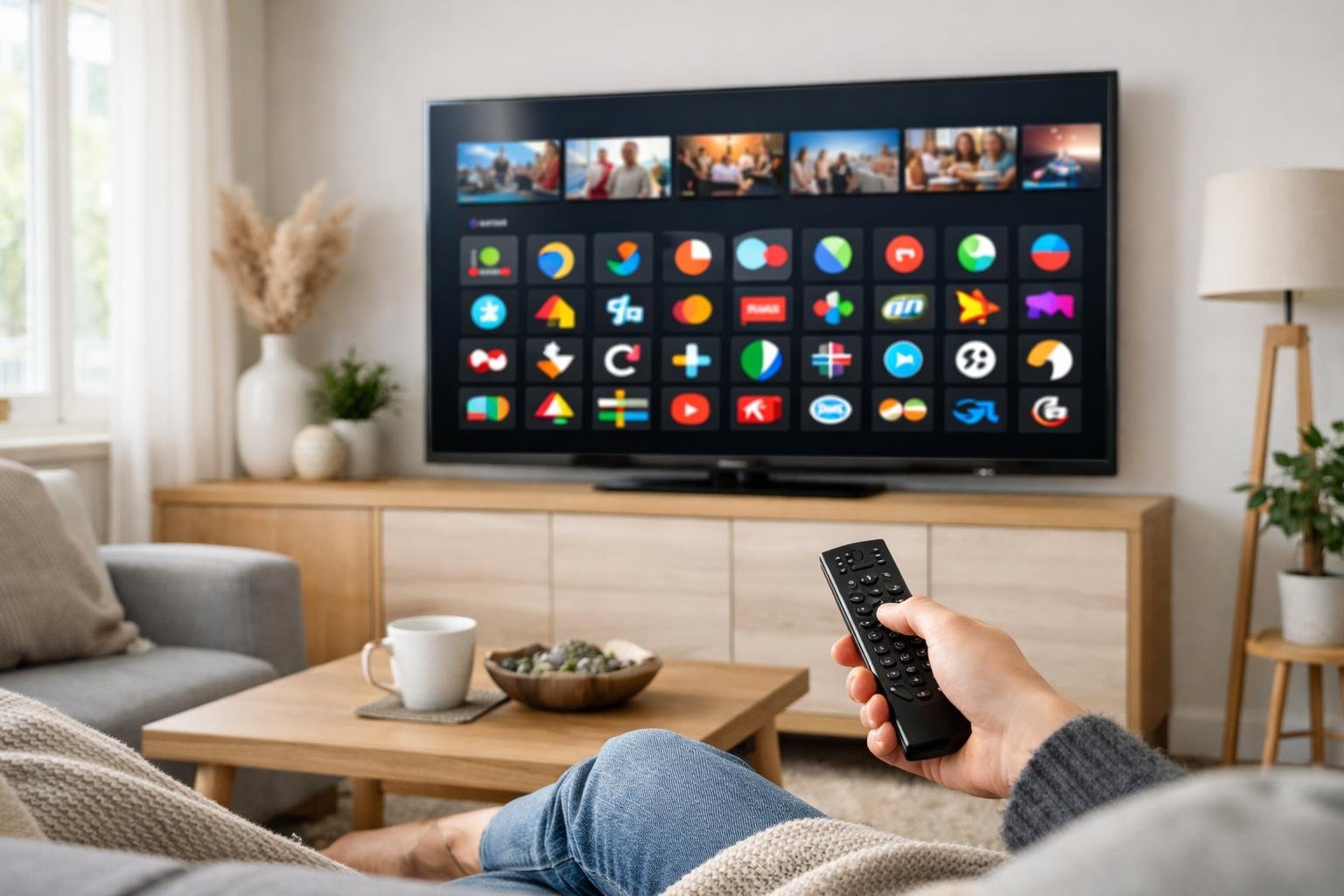 Ett vardagsrum med en stor TV som visar olika internationella tv-kanaler och en person som sitter i soffan med en fjärrkontroll.