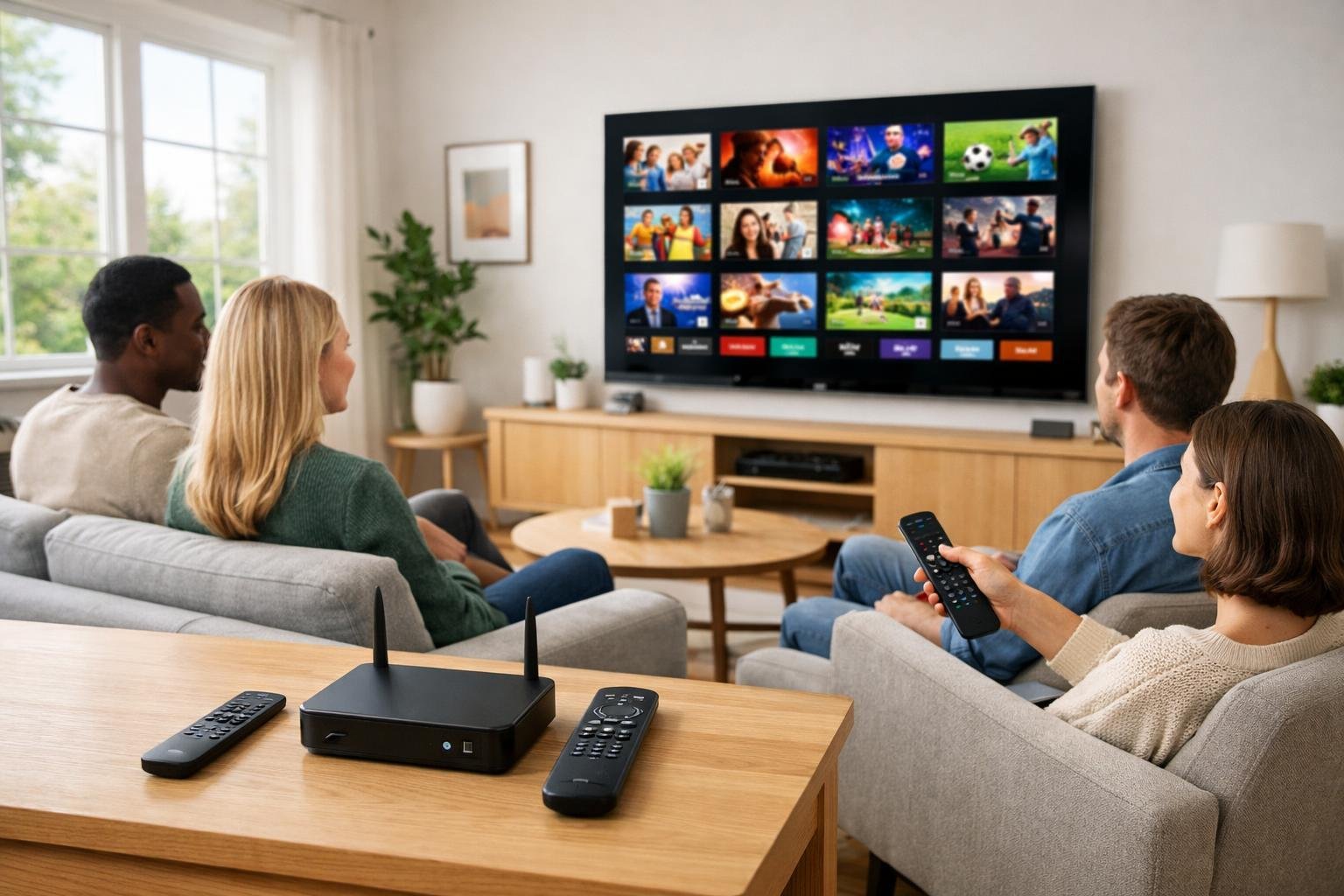 En modern svensk vardagsrum med en stor TV och människor som tittar på streamingtjänster tillsammans.