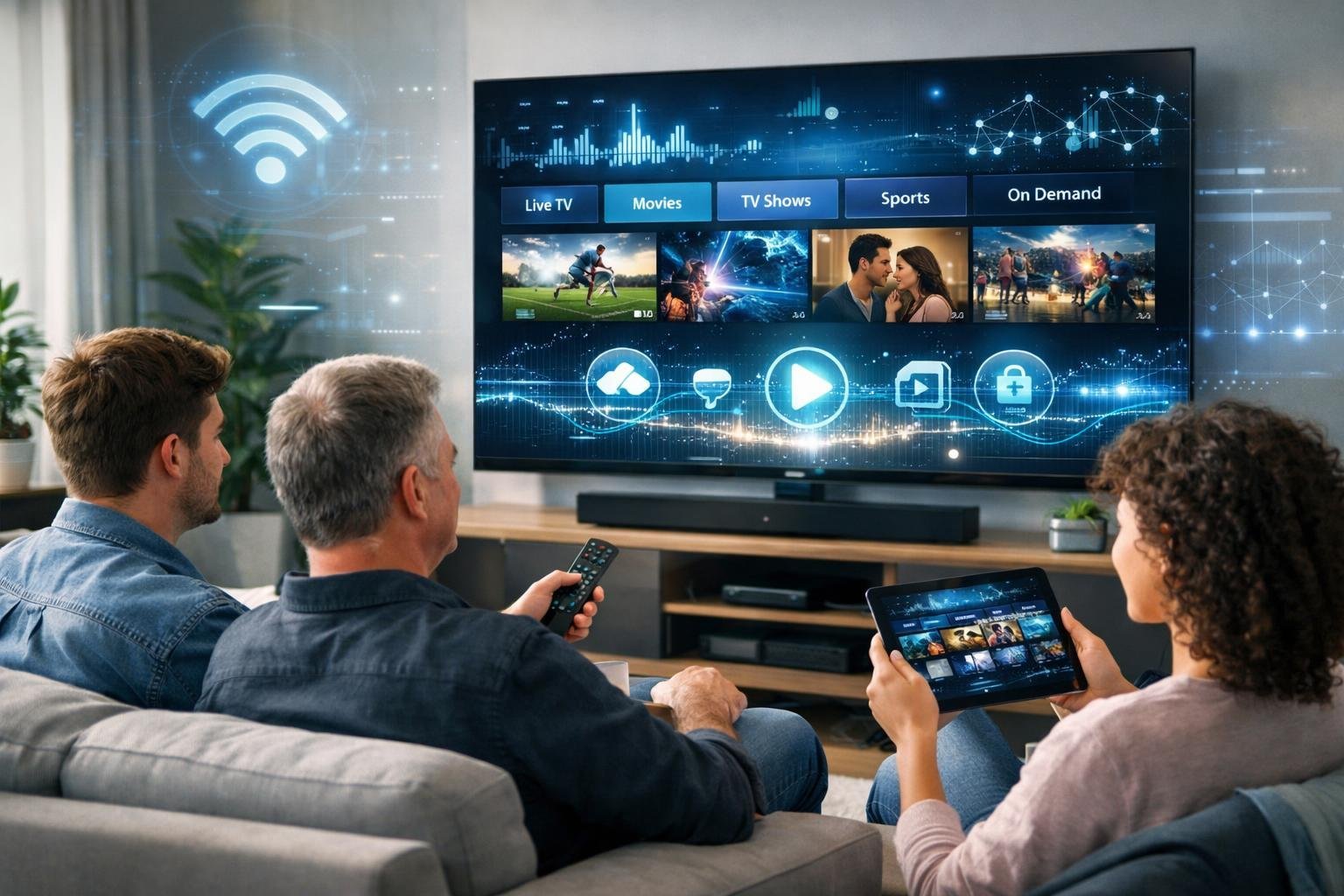 En modern vardagsrumsmiljö med en stor smart-TV som visar IPTV-innehåll, där två personer sitter bekvämt och använder en fjärrkontroll och en surfplatta.