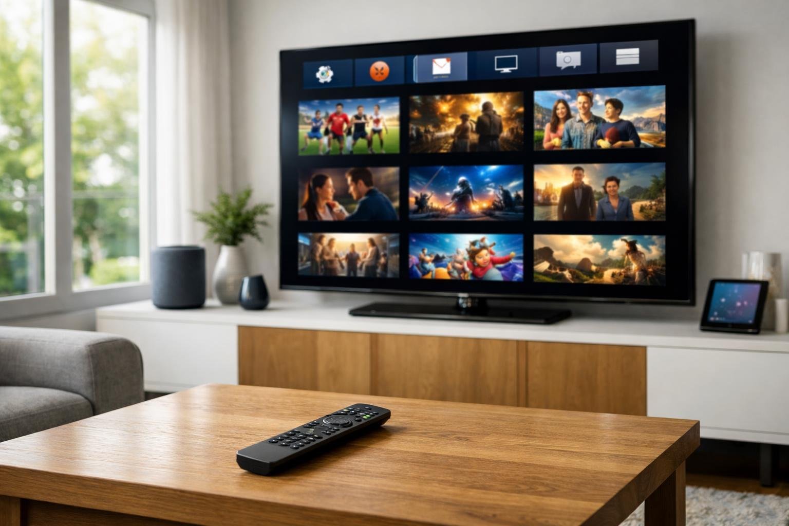 Ett vardagsrum med en stor smart-tv som visar en färgstark streamingapp och en fjärrkontroll på ett soffbord.