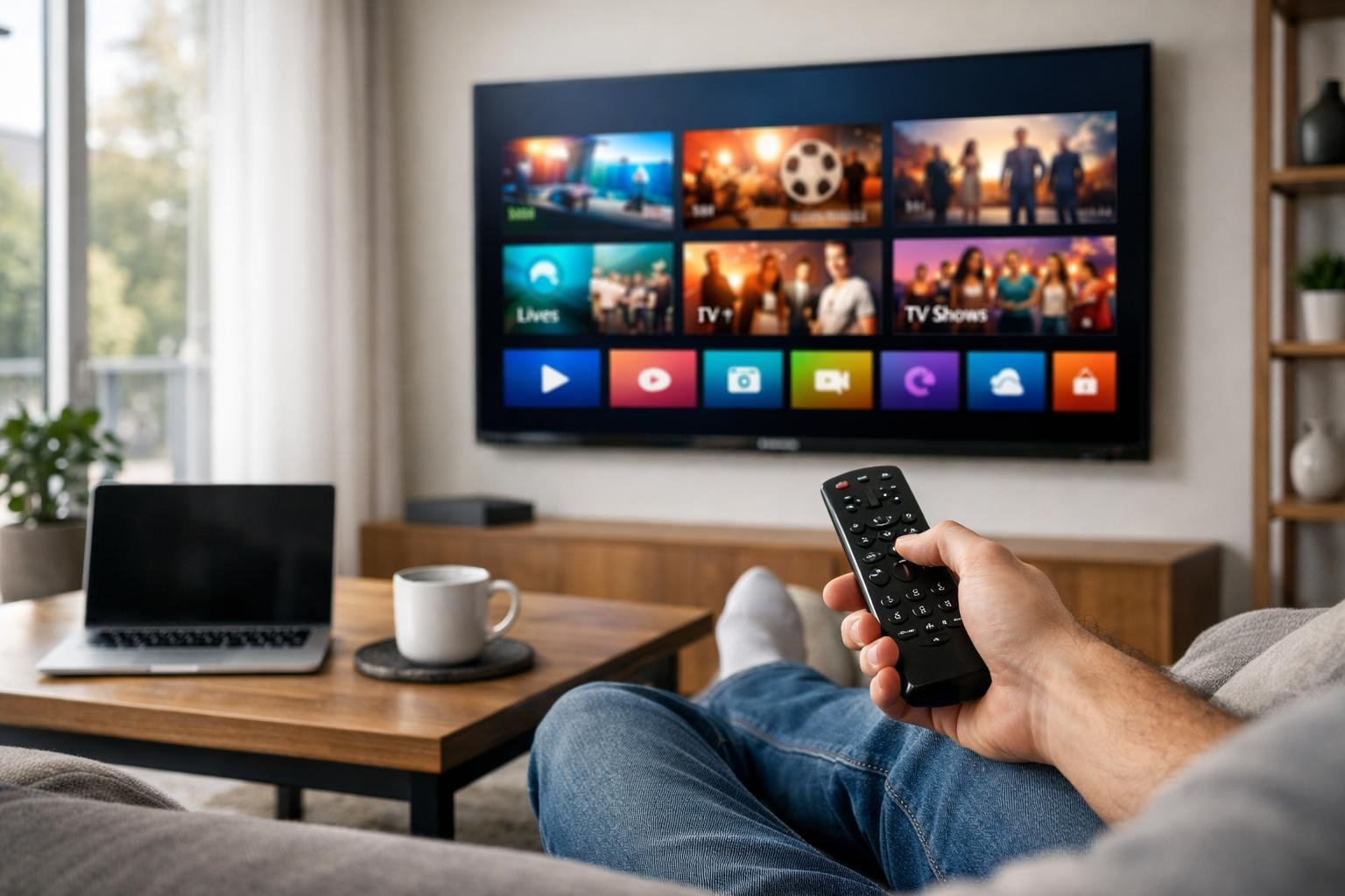 En person som sitter i ett vardagsrum och använder en smart-tv med IPTV-gränssnitt på skärmen.