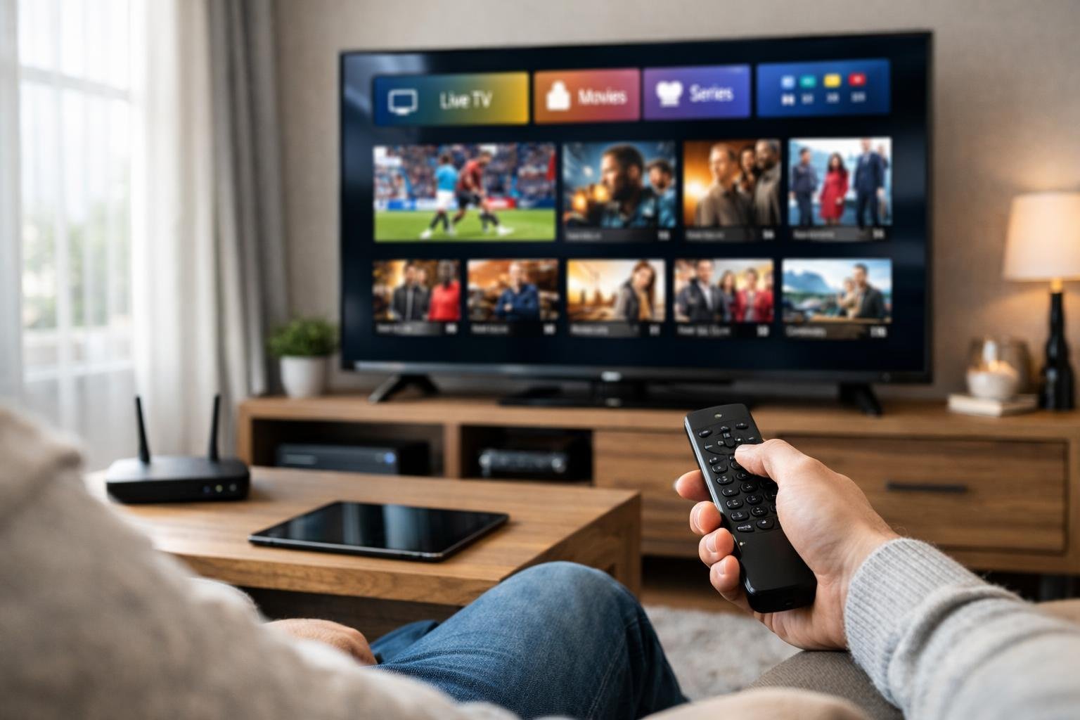 En person som sitter i ett vardagsrum och använder en fjärrkontroll för att styra en smart TV med en färgstark streamingapp på skärmen.