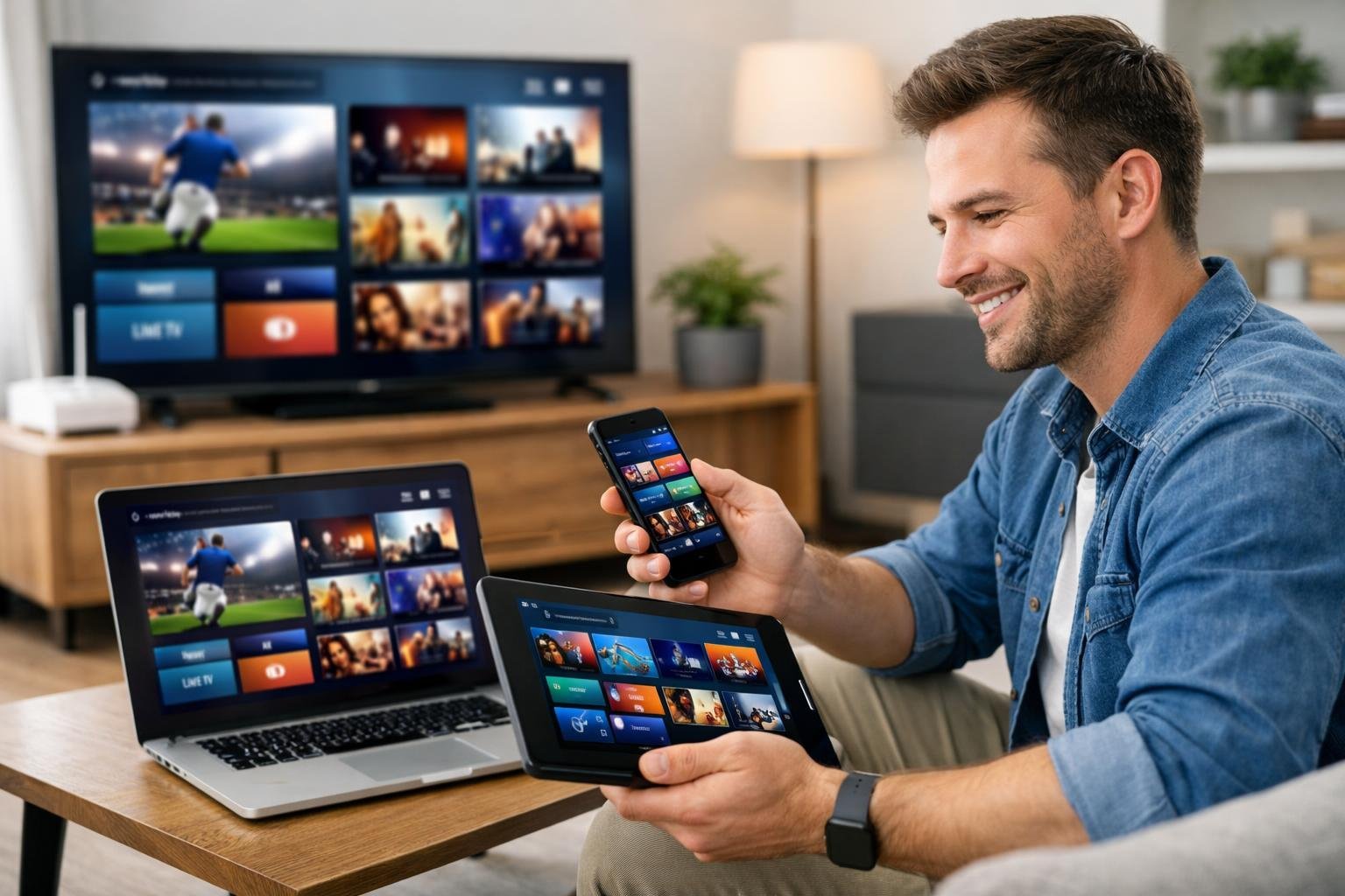 En person installerar IPTV Smarters Pro på en smart-TV, en surfplatta och en smartphone i ett modernt vardagsrum.