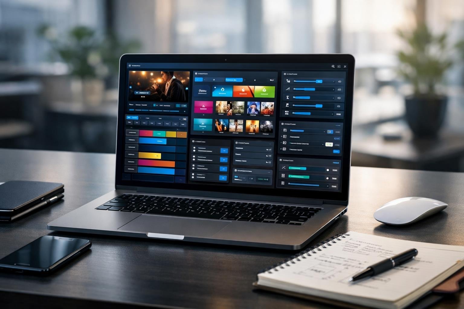 En arbetsplats med en öppen bärbar dator som visar ett användargränssnitt för inställningar, omgiven av teknikprylar och anteckningar i ett kontorsrum.