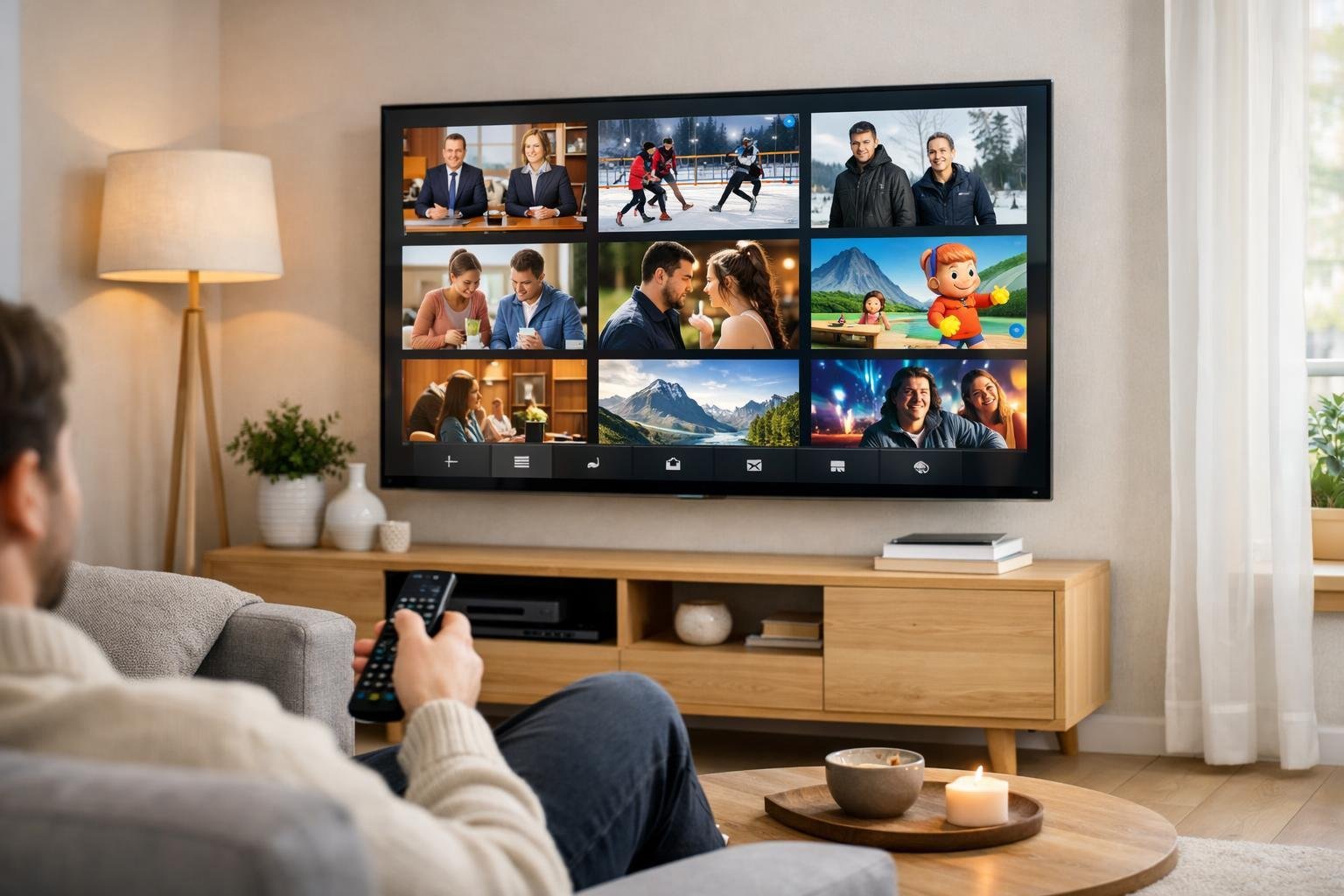 En person sitter i ett modernt vardagsrum och tittar på en stor TV med IPTV-gränssnitt, omgiven av nordisk inredning.