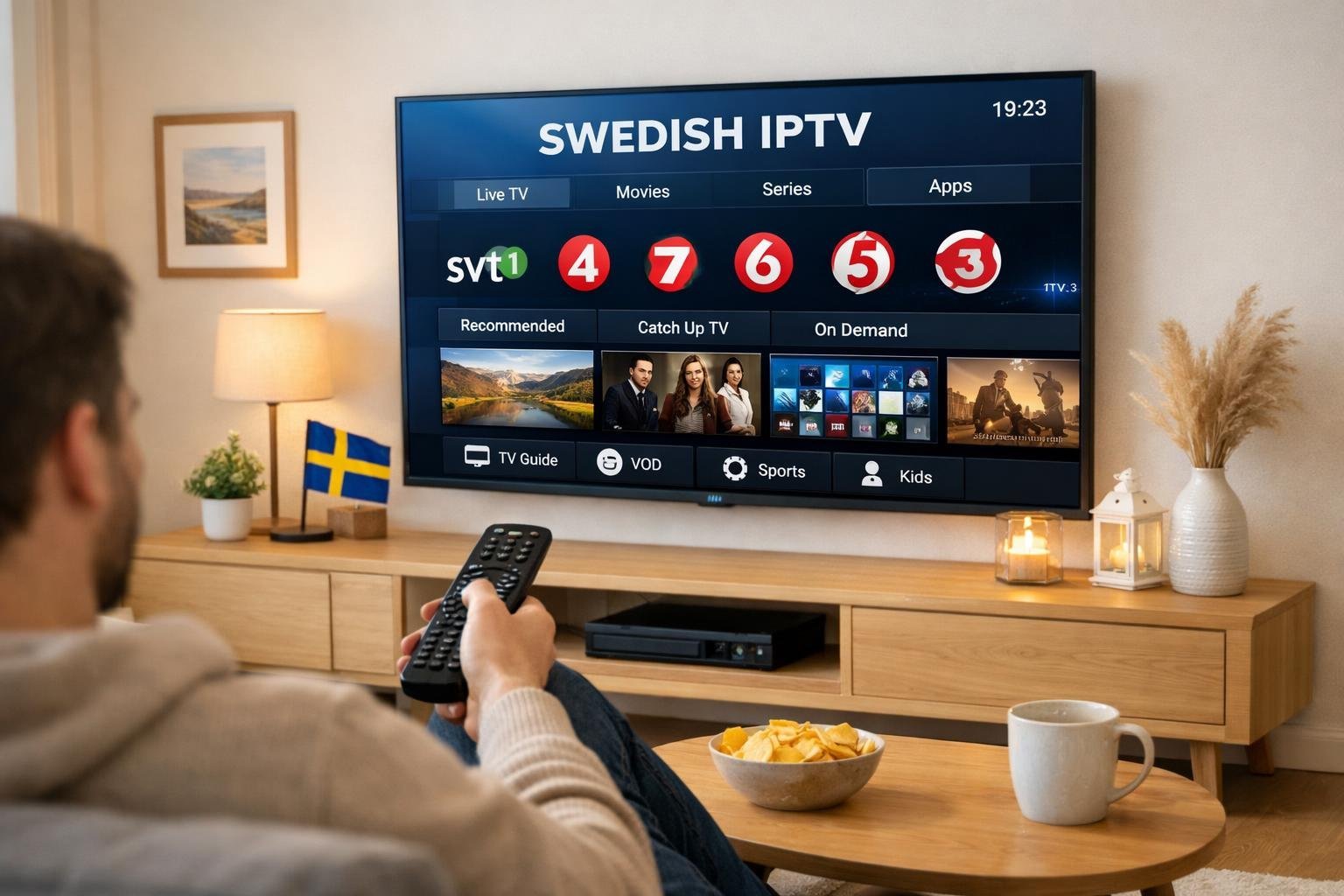 En person sitter i ett modernt vardagsrum och tittar på en smart TV med svensk IPTV på skärmen.