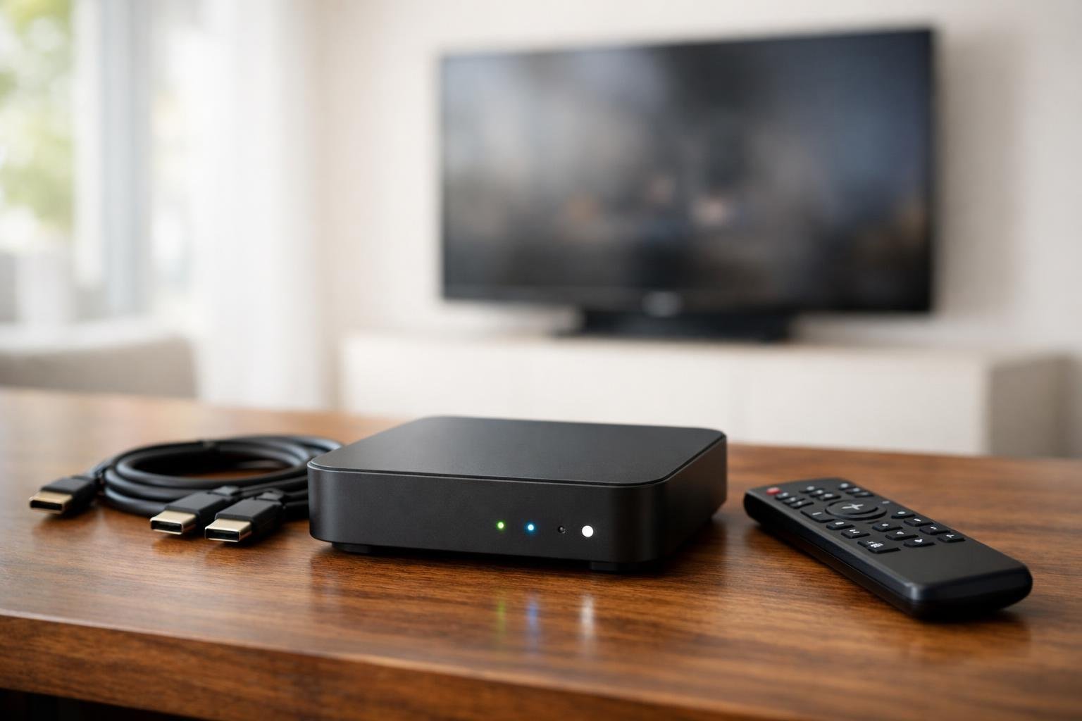 En IPTV-box på ett bord med en TV i bakgrunden.