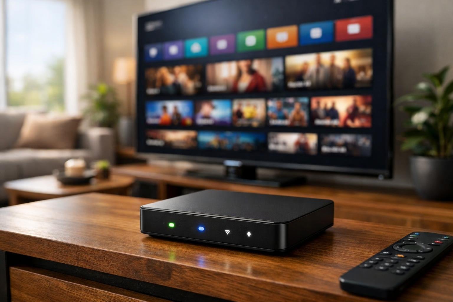 En modern IPTV-box på ett mediabord med en stor tv i bakgrunden i ett vardagsrum.