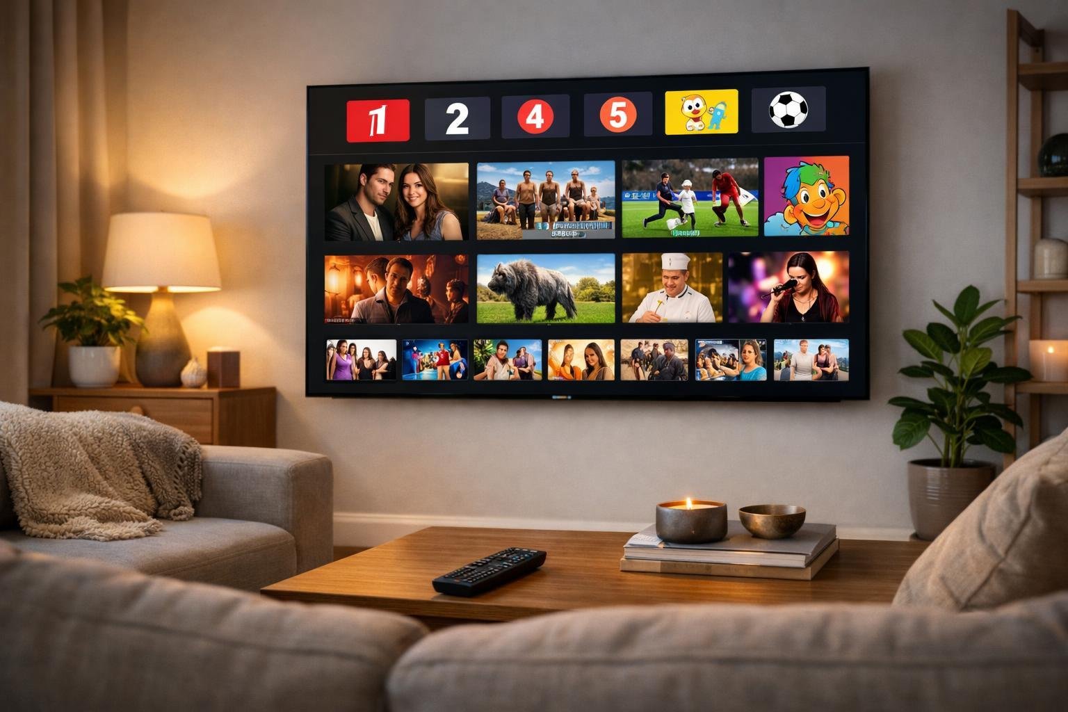 Ett vardagsrum med en stor TV som visar olika svenska TV-kanaler och innehåll på skärmen.