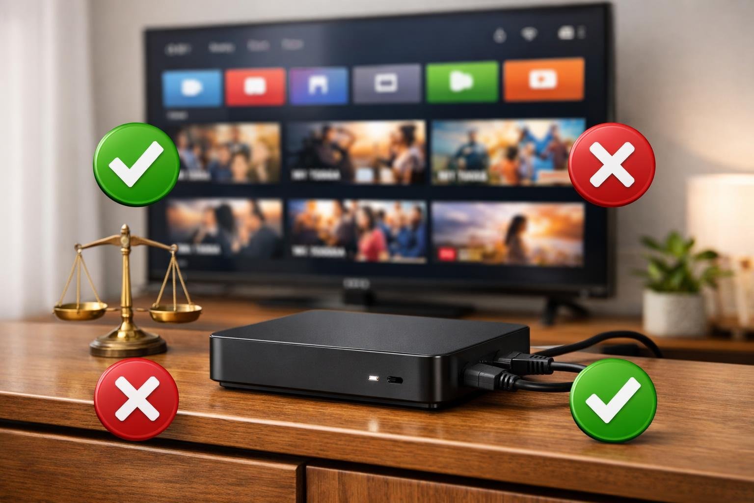 En IPTV-box placerad på ett mediaskåp med en stor TV i bakgrunden som visar en streamingmeny.