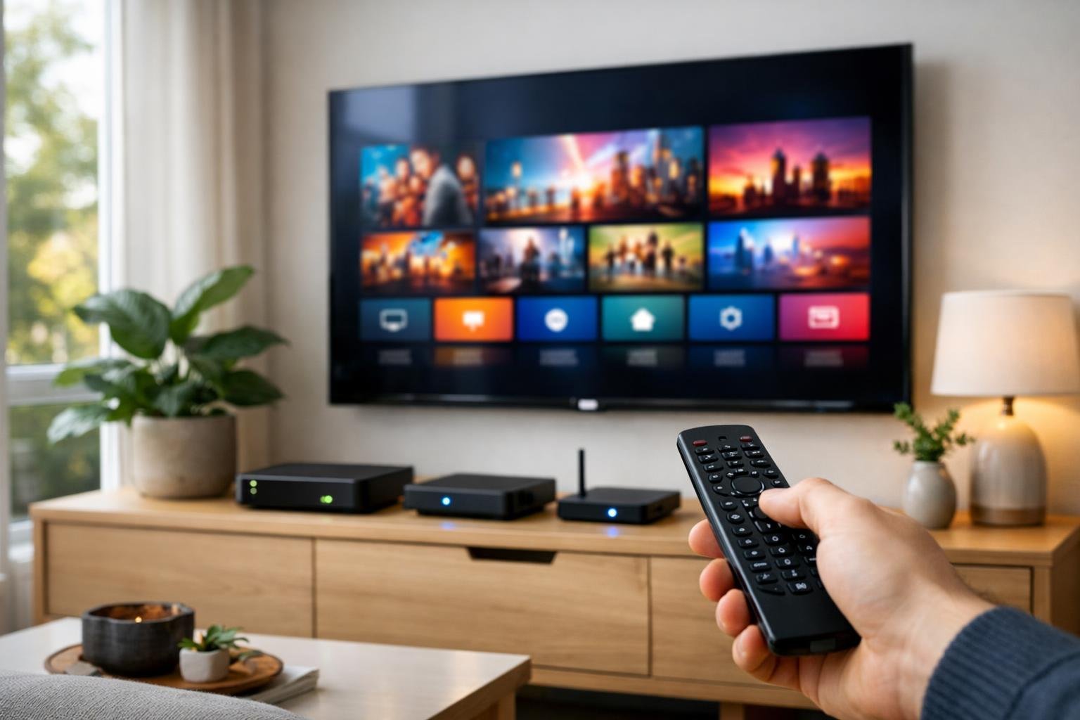 Ett modernt vardagsrum med en platt-TV och IPTV-enheter på en mediabänk, en hand håller en fjärrkontroll mot TV.