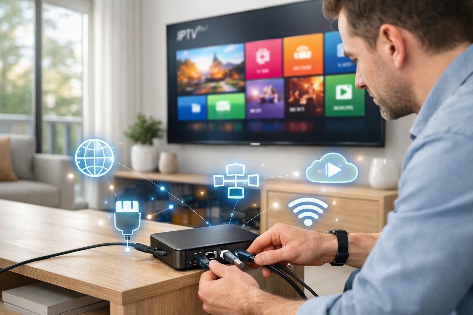 En tekniker installerar IPTV-utrustning i ett modernt vardagsrum med en platt-TV och digitala symboler som visar kompatibilitet.