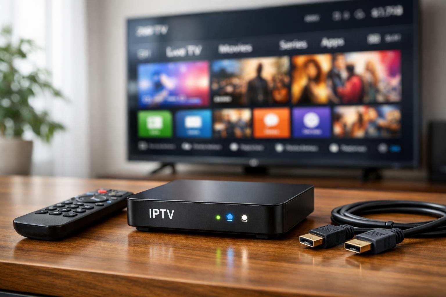 En IPTV-box på ett bord med en TV i bakgrunden och tillbehör runt omkring.