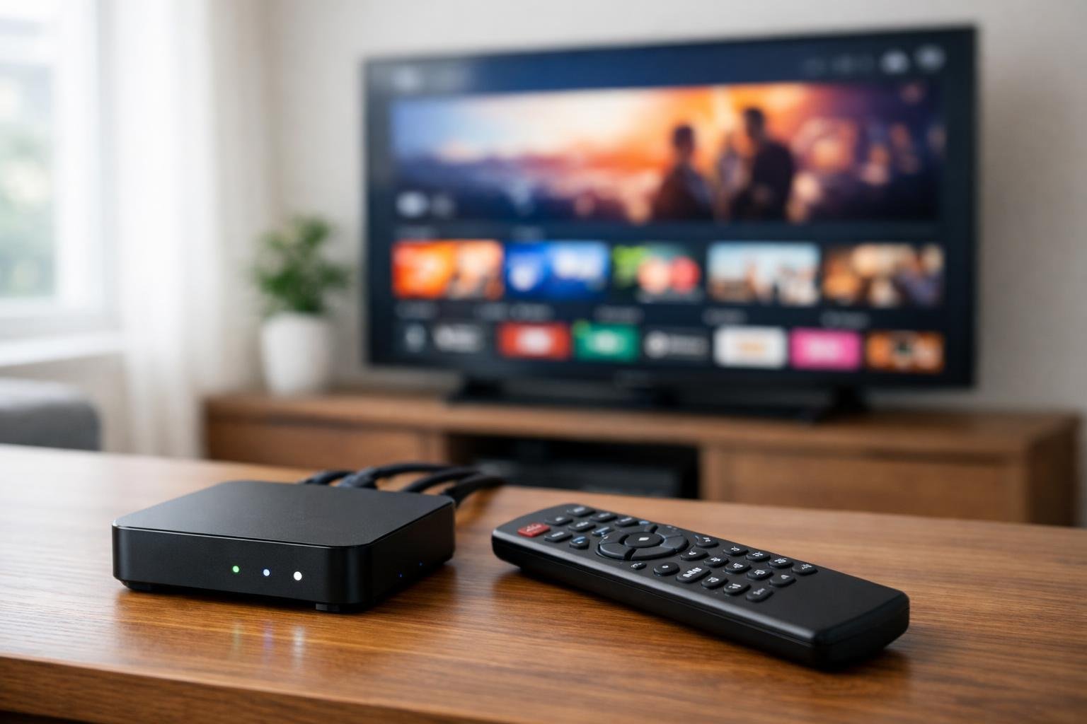 En modern IPTV-box på ett bord med en fjärrkontroll bredvid, framför en stor TV som visar en streamingmeny.