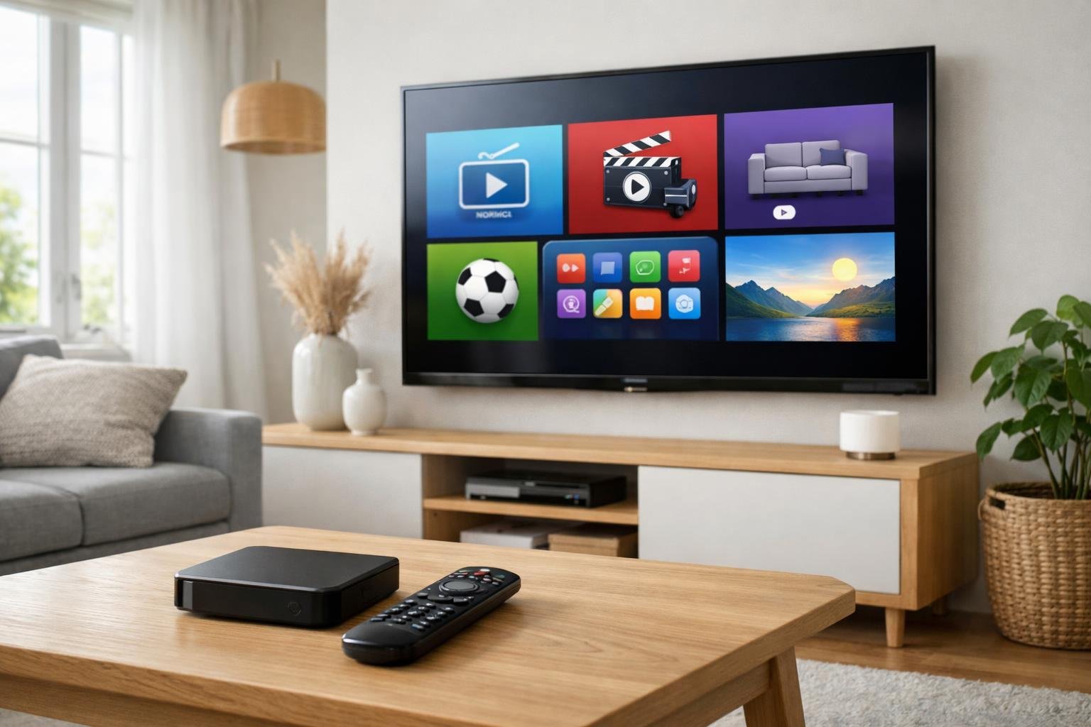 Ett modernt vardagsrum med en platt-tv på väggen som visar en färgstark IPTV-gränssnitt, med skandinaviskt inredda möbler och naturligt ljus.