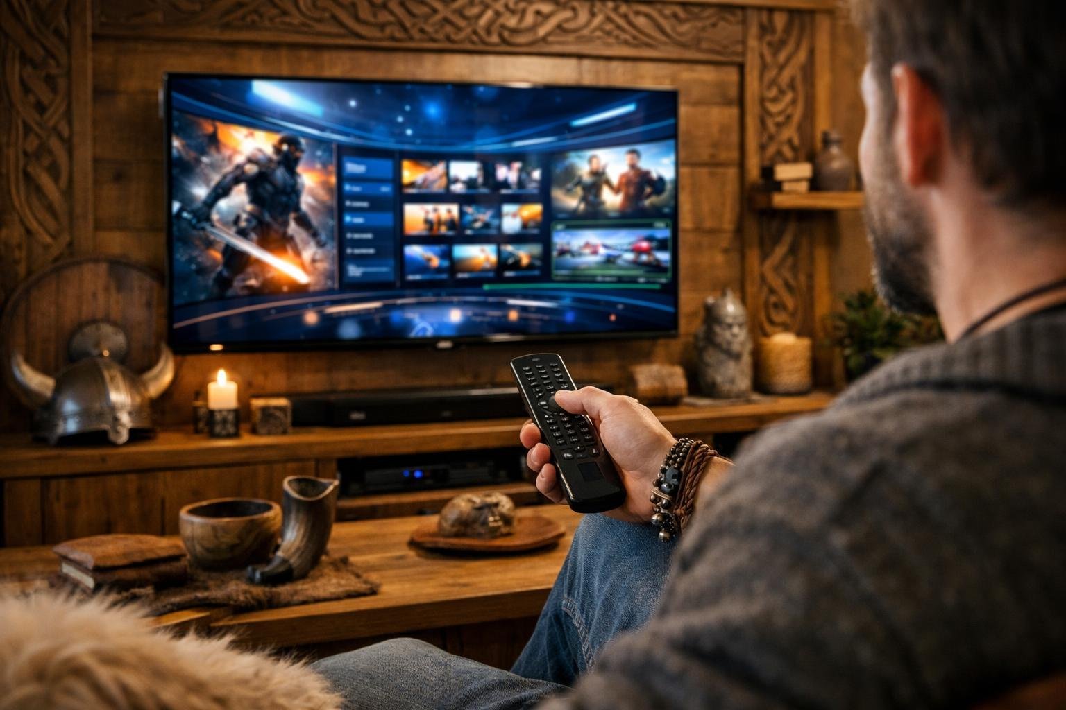 Ett modernt vardagsrum med en TV som visar streaminginnehåll, dekorerat med vikingainspirerade föremål.