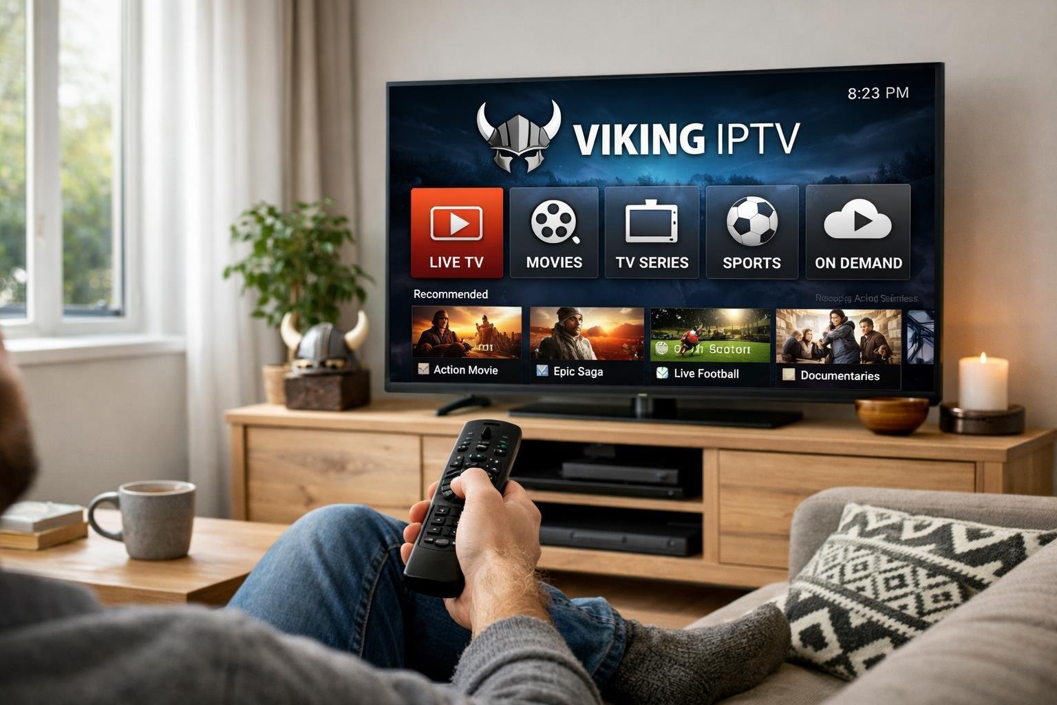 En person sitter i ett modernt vardagsrum och använder en fjärrkontroll framför en stor tv med IPTV-meny på skärmen.