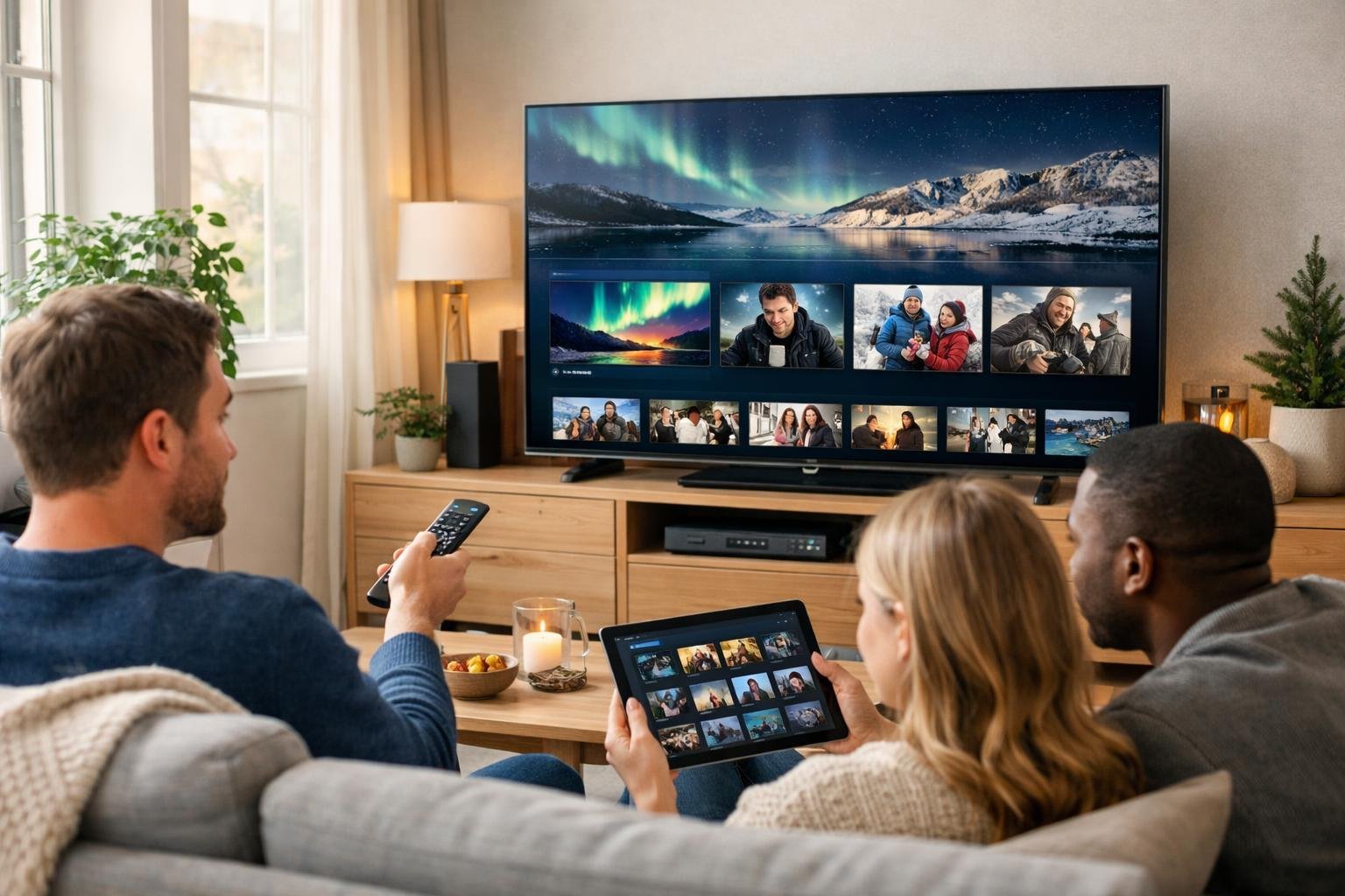 En modern vardagsrumsscen med en stor smart-tv som visar olika nordiska tv-kanaler, där flera personer sitter bekvämt och tittar.