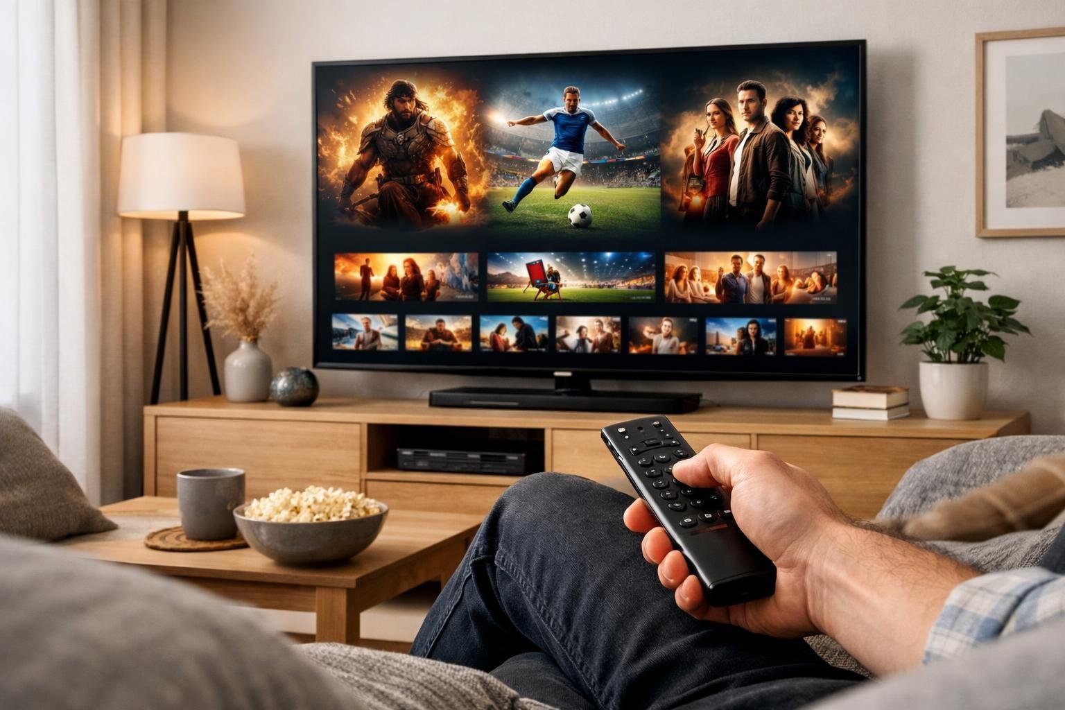 Ett vardagsrum med en person som använder en smart-tv för att titta på olika typer av underhållning.