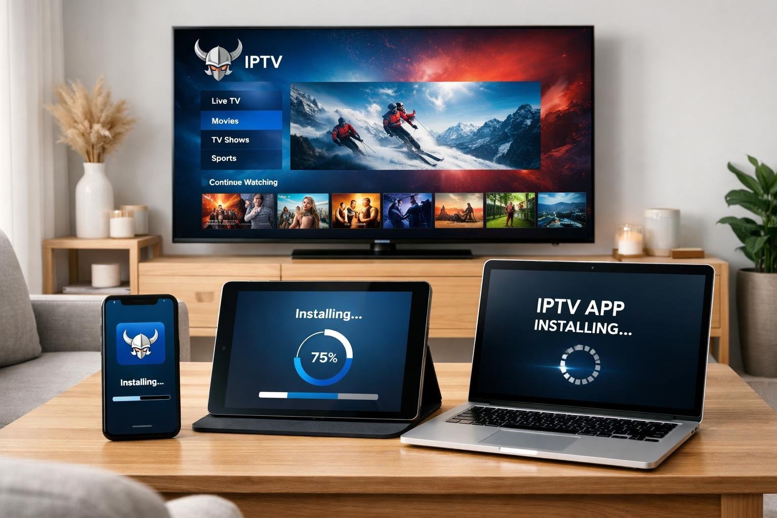 Ett modernt vardagsrum med en stor smart-TV och flera digitala enheter som visar appinstallation.