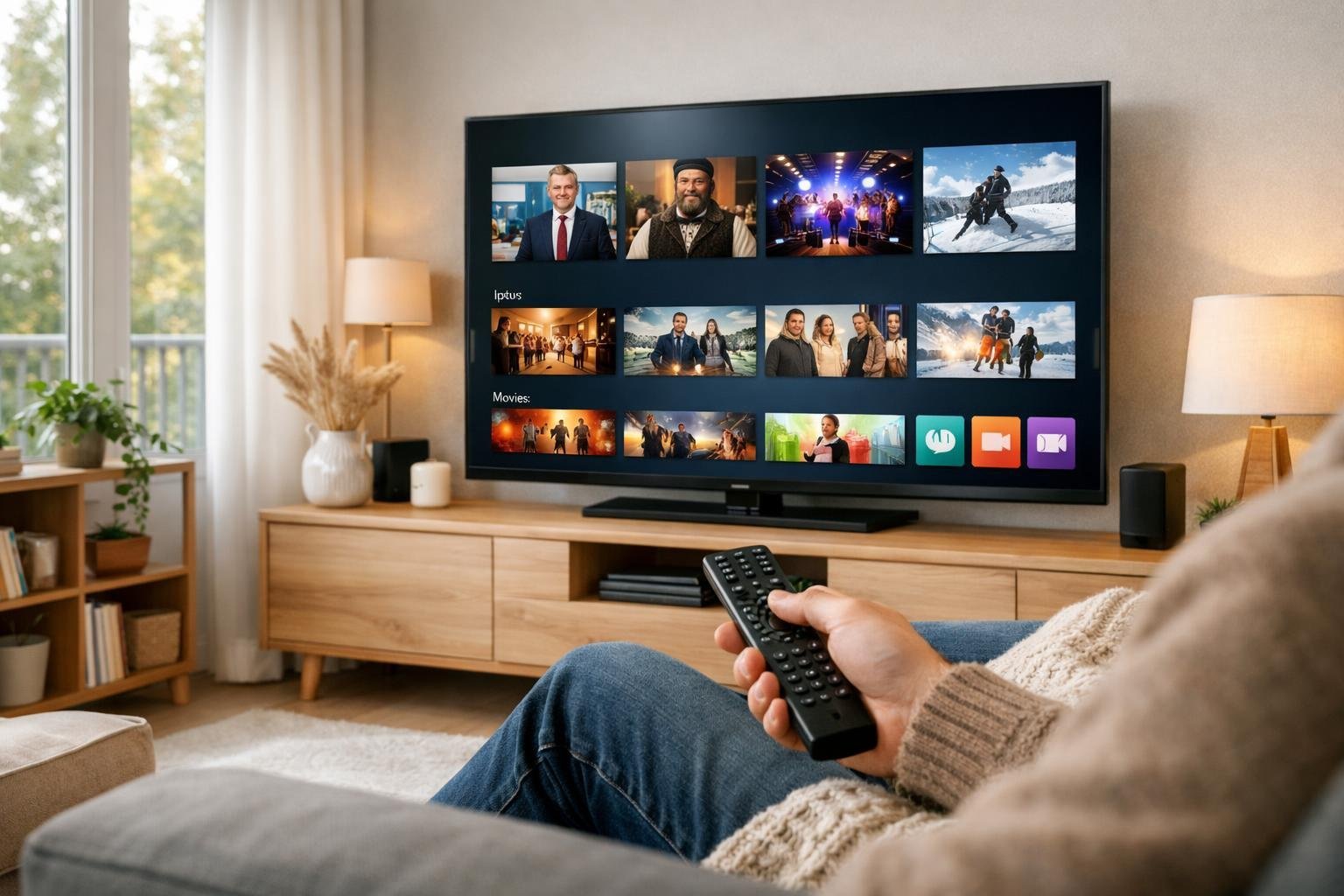 Ett vardagsrum med en person som tittar på en TV med nordiska tv-kanaler och en modern, ljus inredning.