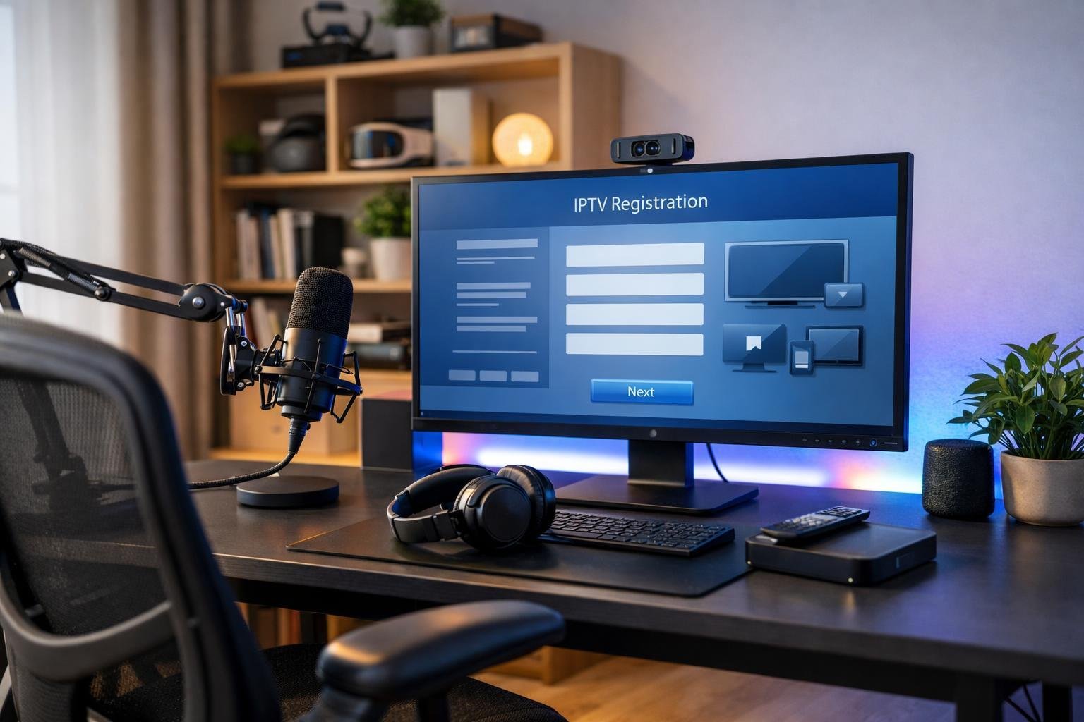 Ett modernt hemmakontor med dator och streamingutrustning redo för IPTV-registrering.