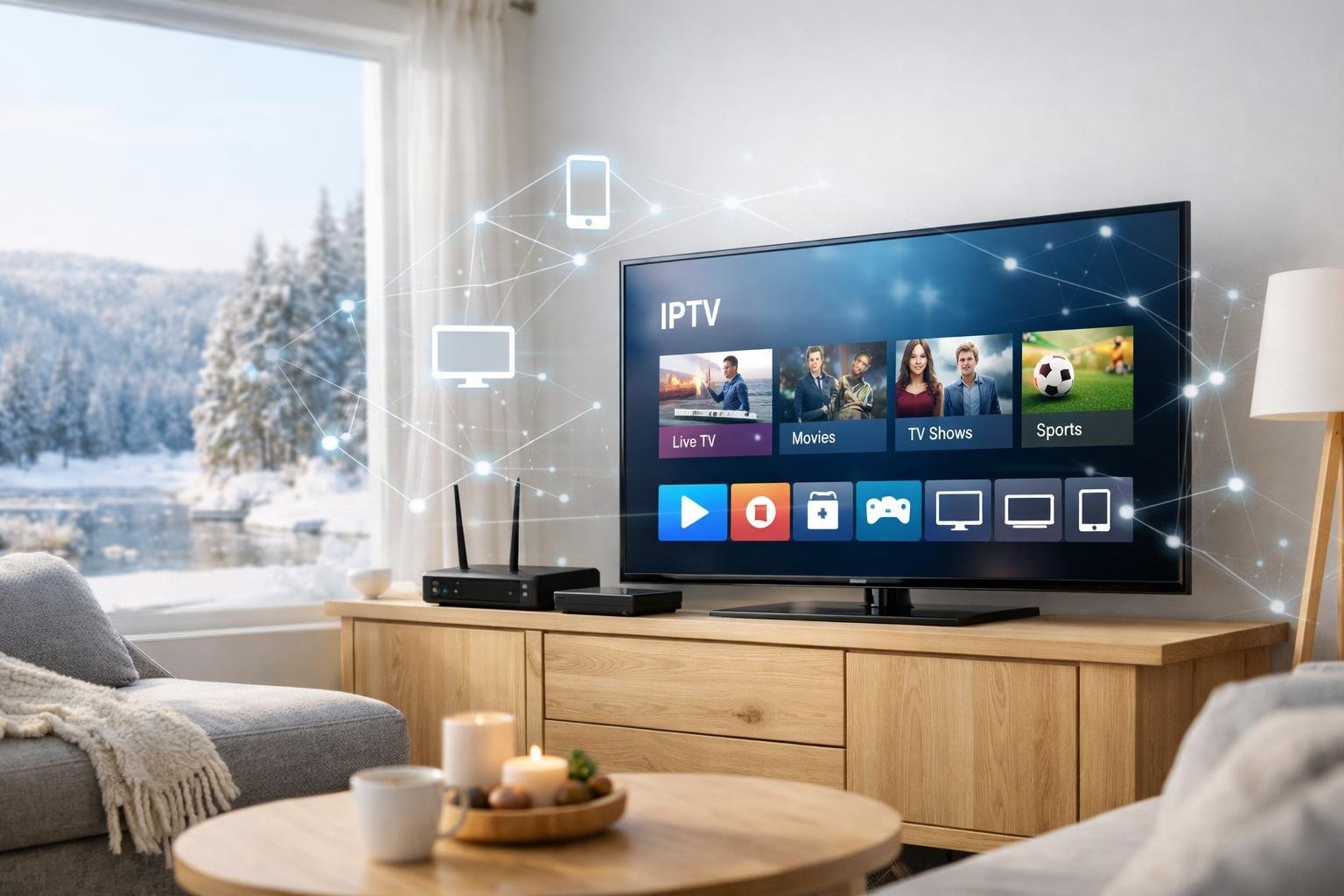 Ett modernt vardagsrum med en stor smart-tv som visar en färgstark IPTV-plattform, en trådlös router och en digital mottagare på en mediakonsol, med ett snöigt nordiskt landskap utanför fönstret.