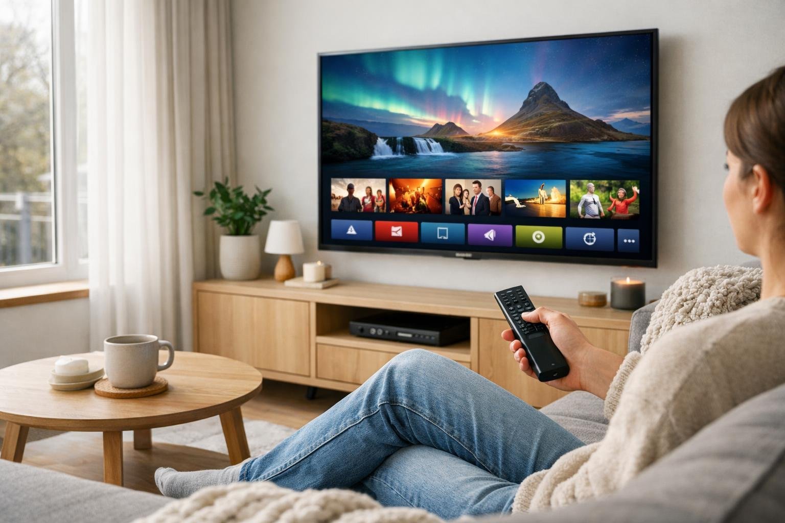 Ett vardagsrum med en stor TV på väggen och en person som sitter i en soffa och använder en fjärrkontroll.