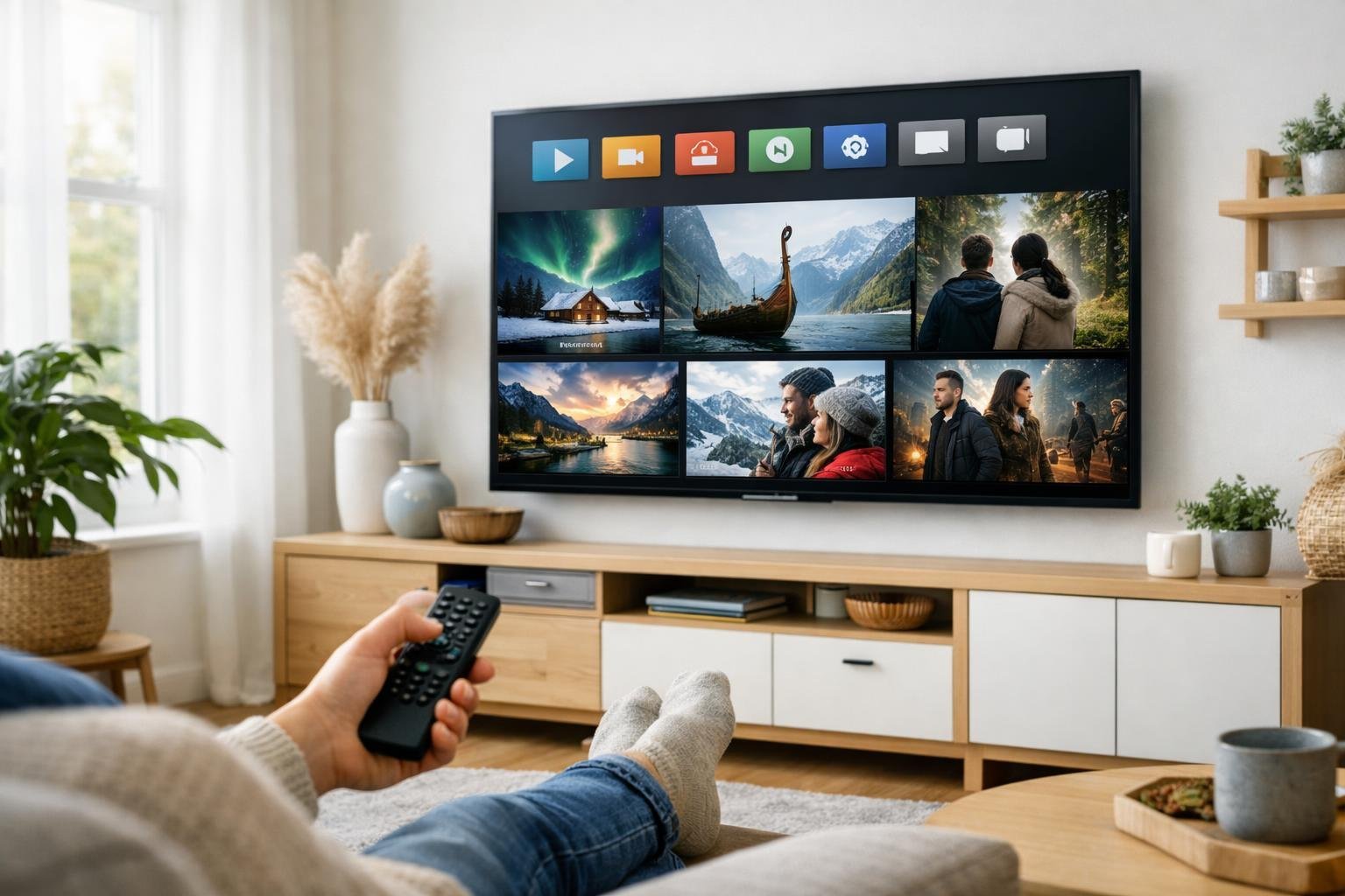 En person som sitter i ett modernt vardagsrum och tittar på en stor smart-TV med olika streamingappar och nordiskt innehåll på skärmen.