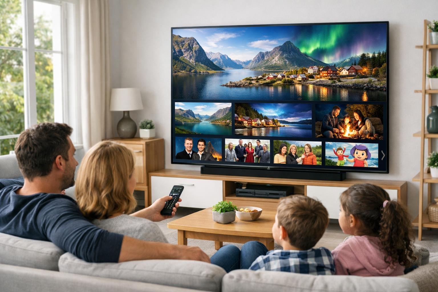 En modern vardagsrumsscen med en stor TV som visar nordiska TV-kanaler och en familj som tittar på innehåll tillsammans.