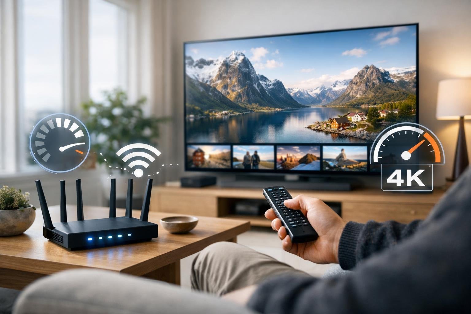 En person som sitter i ett modernt vardagsrum och tittar på en stor TV med högupplöst video från en streamingtjänst, med nätverksutrustning i bakgrunden.