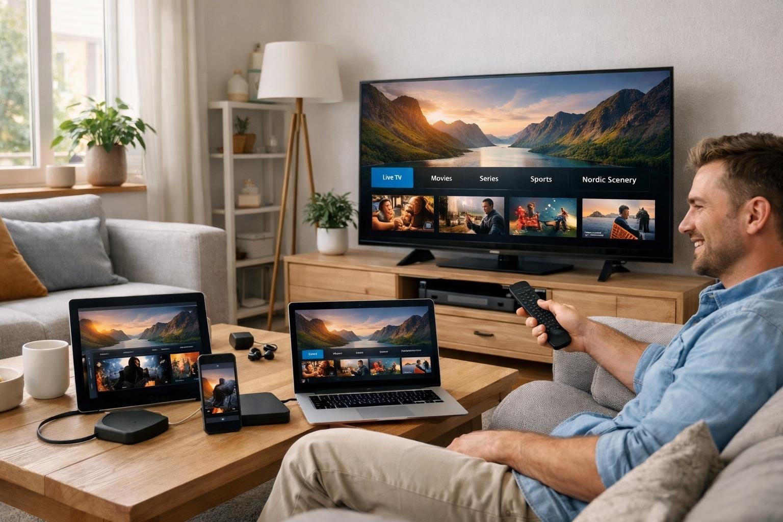 En person sitter i ett vardagsrum och använder olika enheter som smart-tv, surfplatta och smartphone för att titta på IPTV.