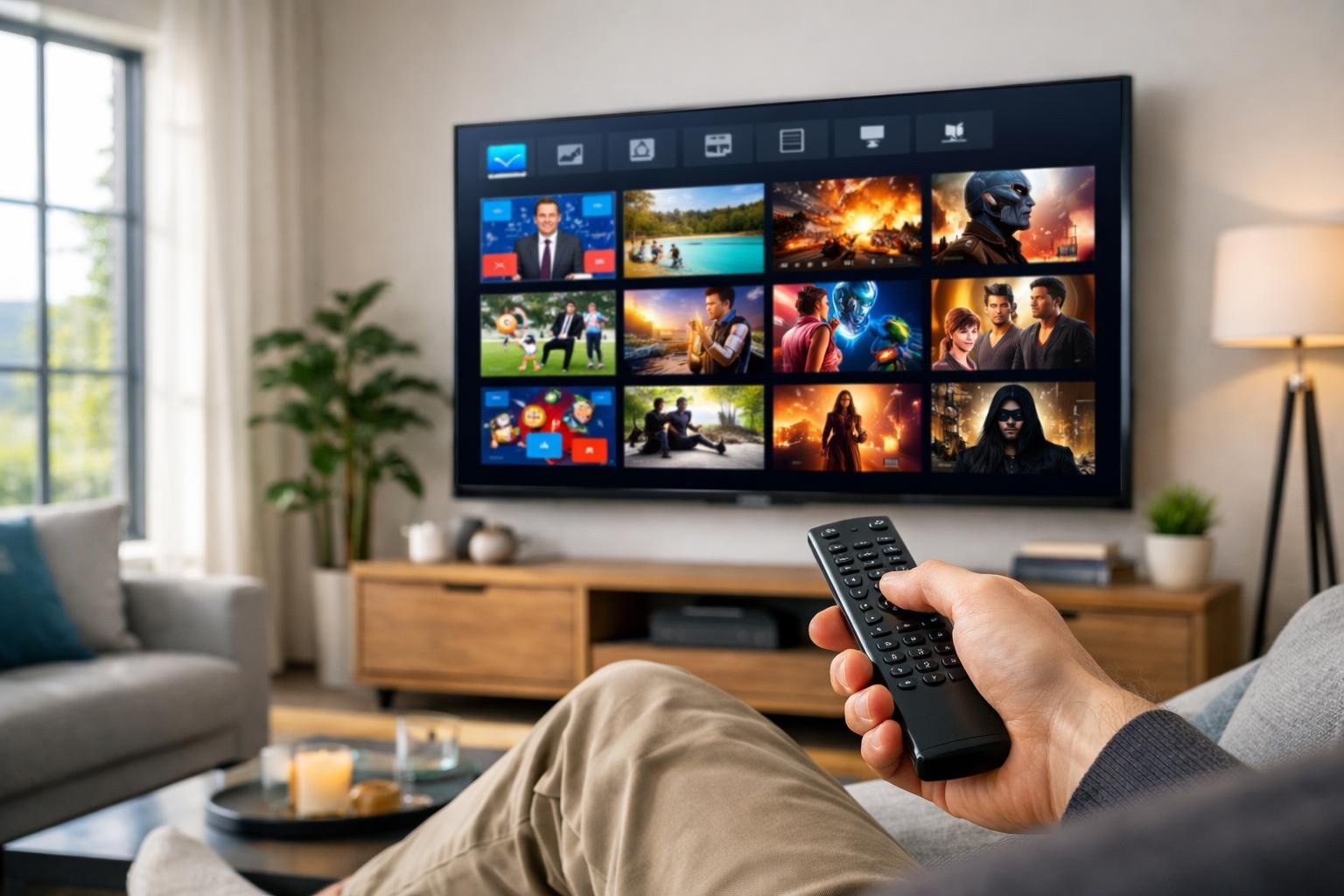 En person sitter i ett modernt vardagsrum och använder en fjärrkontroll för att styra en stor smart-tv med olika kanaler och filmer på skärmen.
